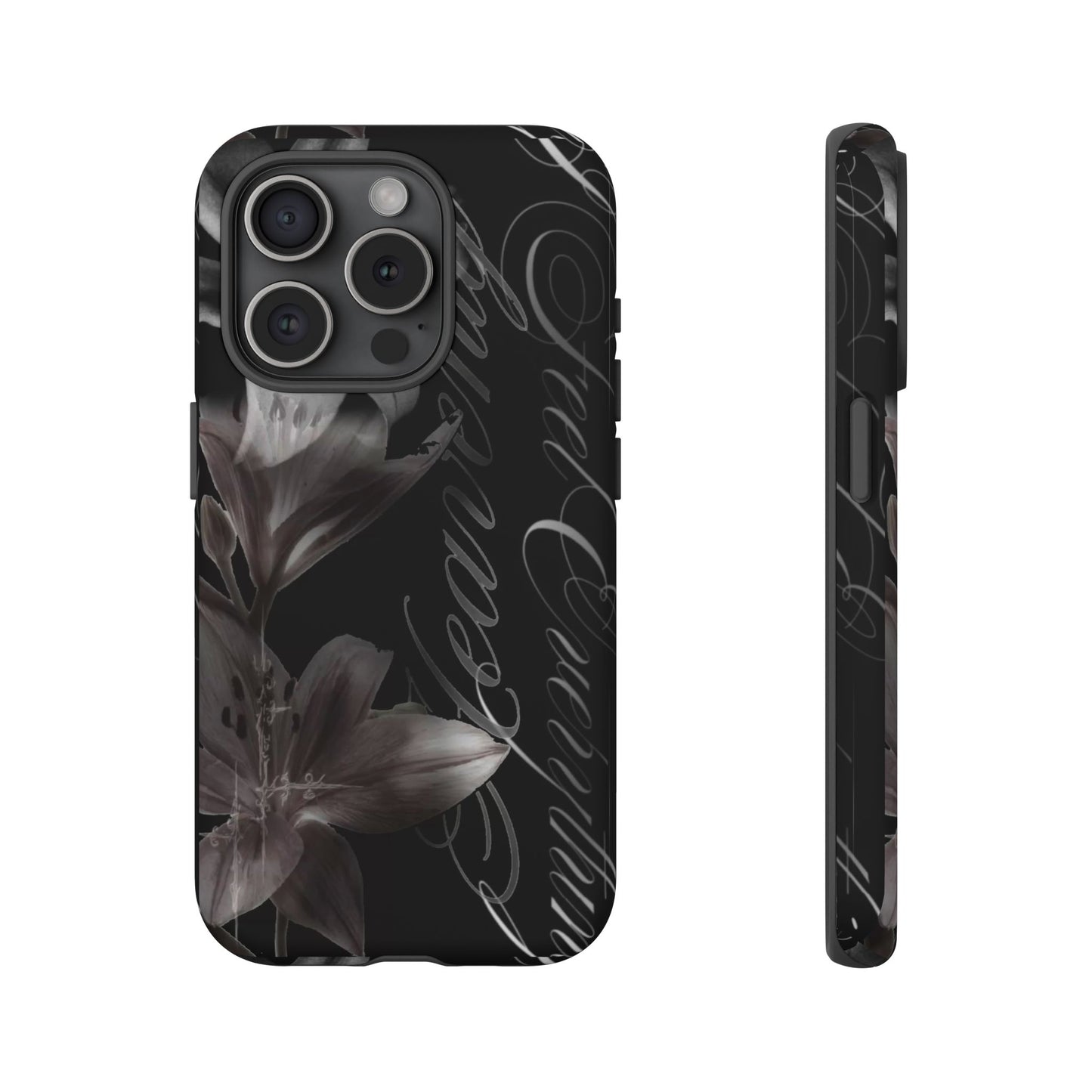 Floral Script Tough Phone Case – Black Lily Protective Cover