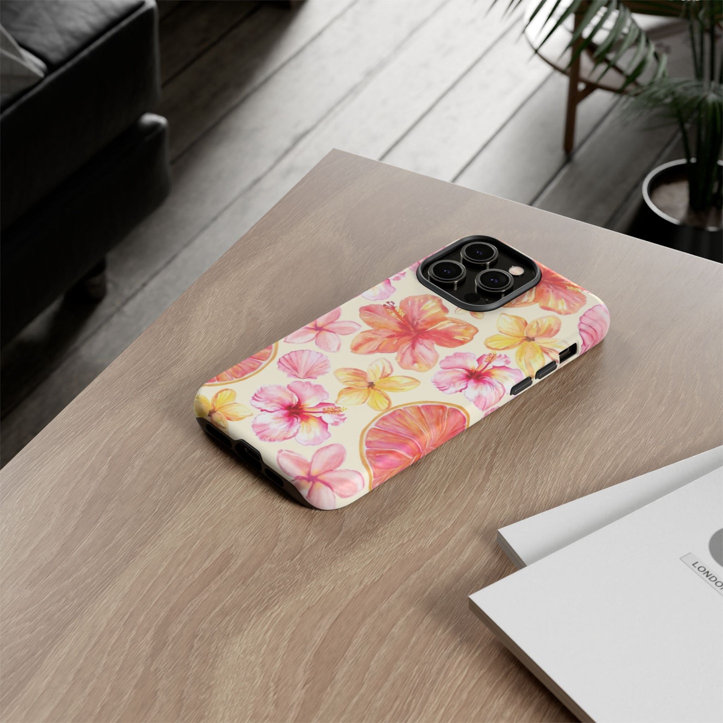 Tropical Hibiscus Tough Phone Case – Watercolor Floral & Citrus Protective Cover