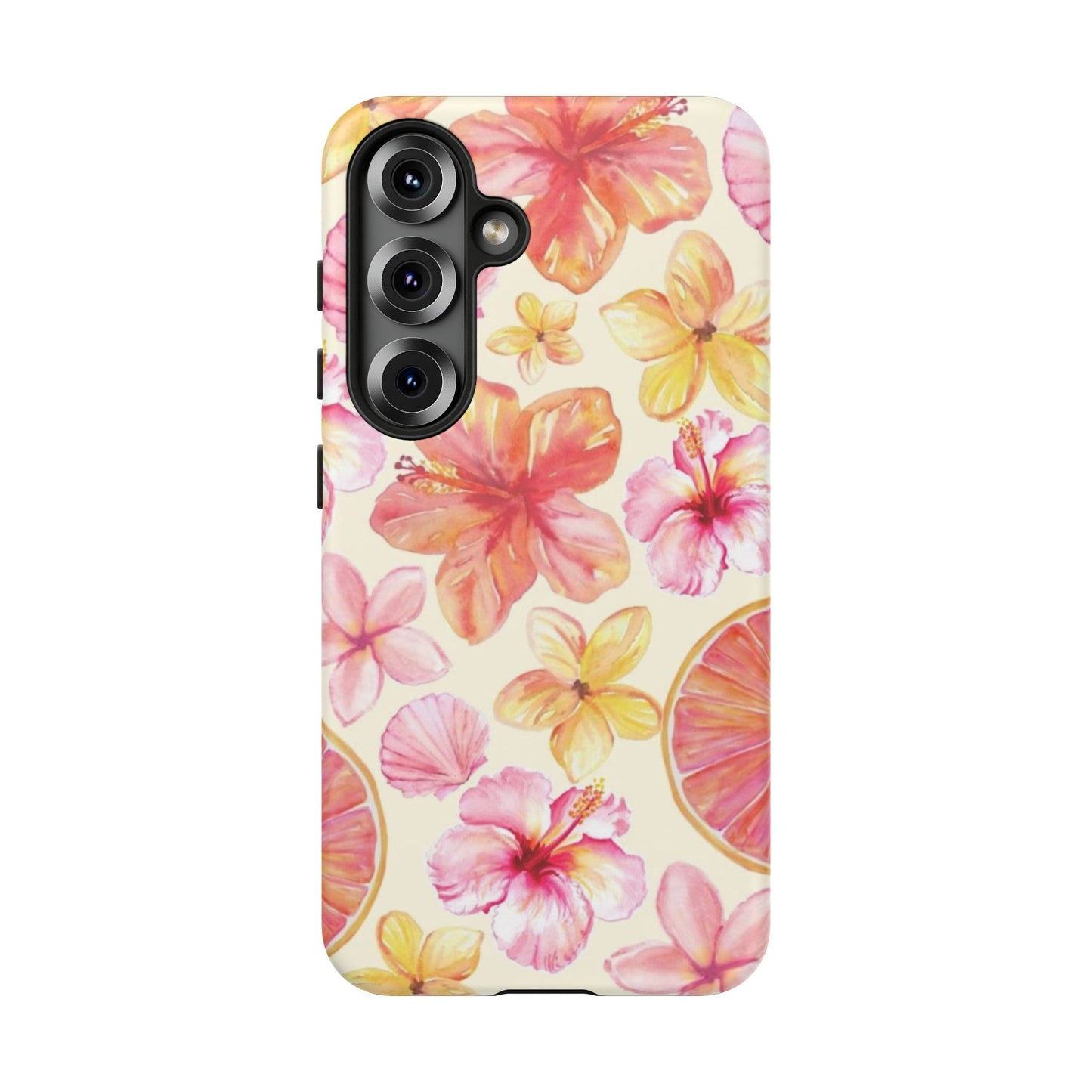 Tropical Hibiscus Tough Phone Case – Watercolor Floral & Citrus Protective Cover