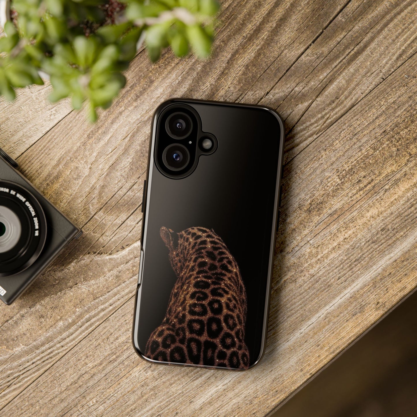 Leopard Print Tough Phone Case - Sleek Black Protective Cover