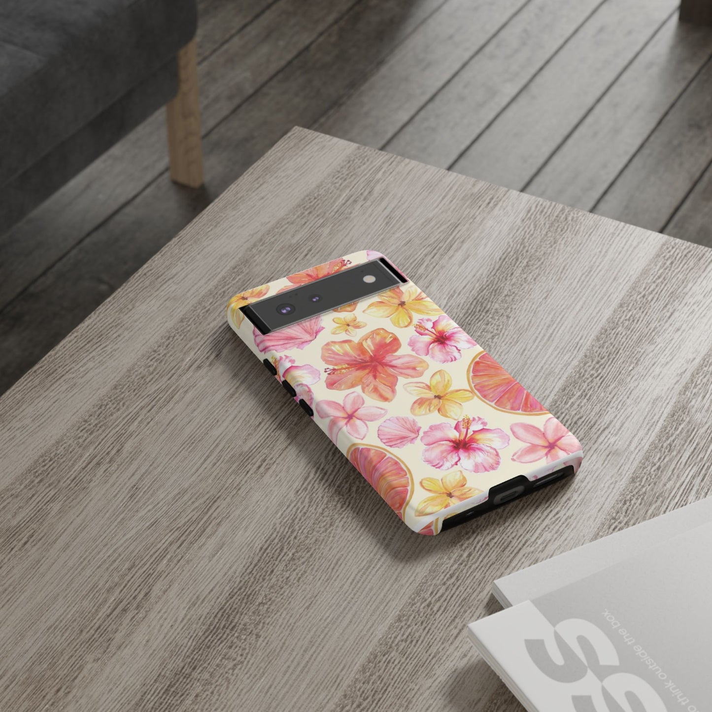 Tropical Hibiscus Tough Phone Case – Watercolor Floral & Citrus Protective Cover