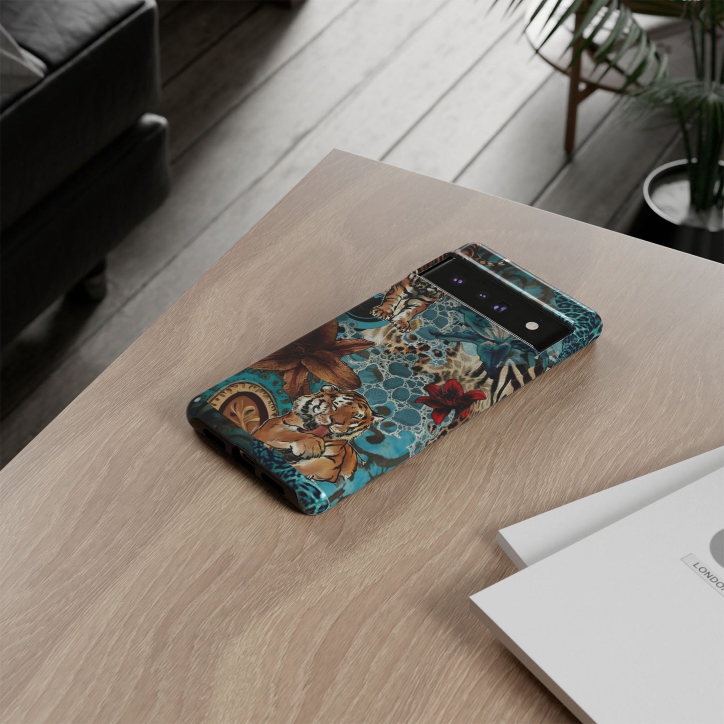 Floral Tiger Phone Case - Teal Safari Protective Cover