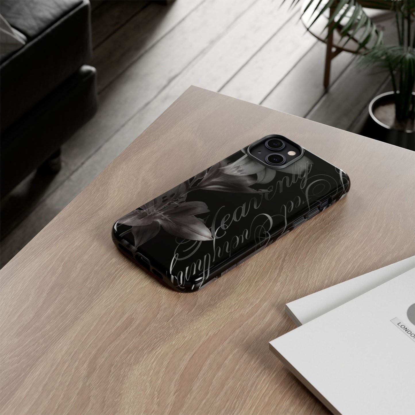 Floral Script Tough Phone Case – Black Lily Protective Cover