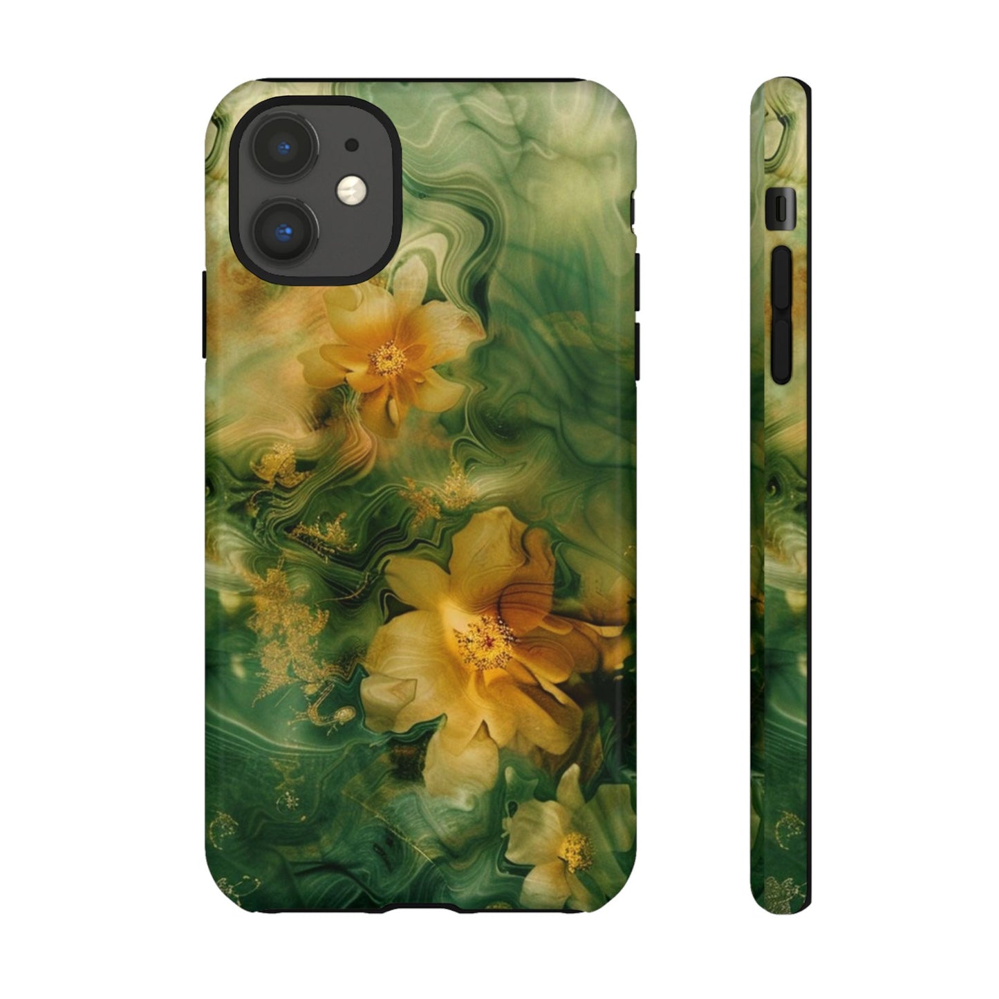 Floral Swirl Phone Case — Green & Gold Vintage Flower Design