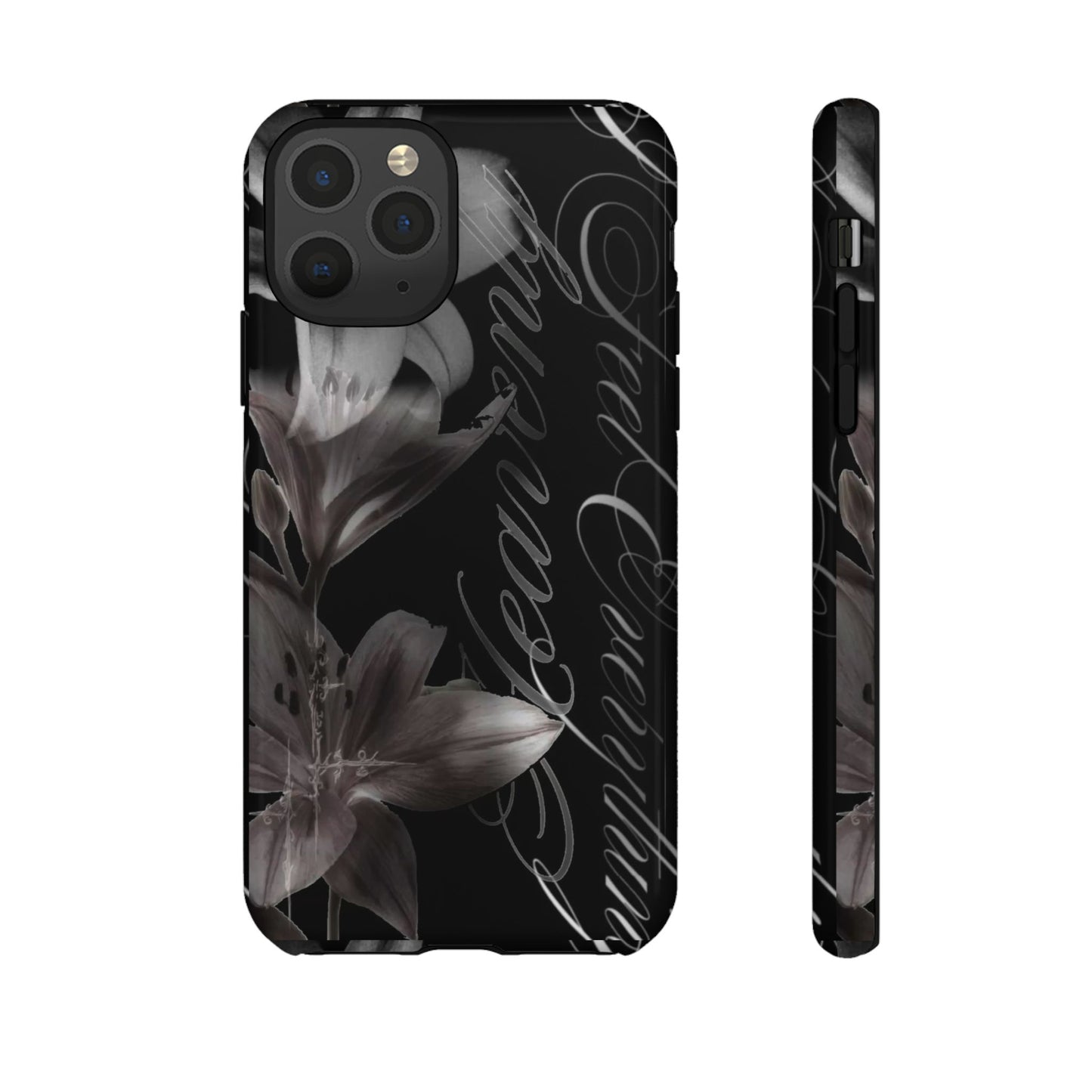 Floral Script Tough Phone Case – Black Lily Protective Cover