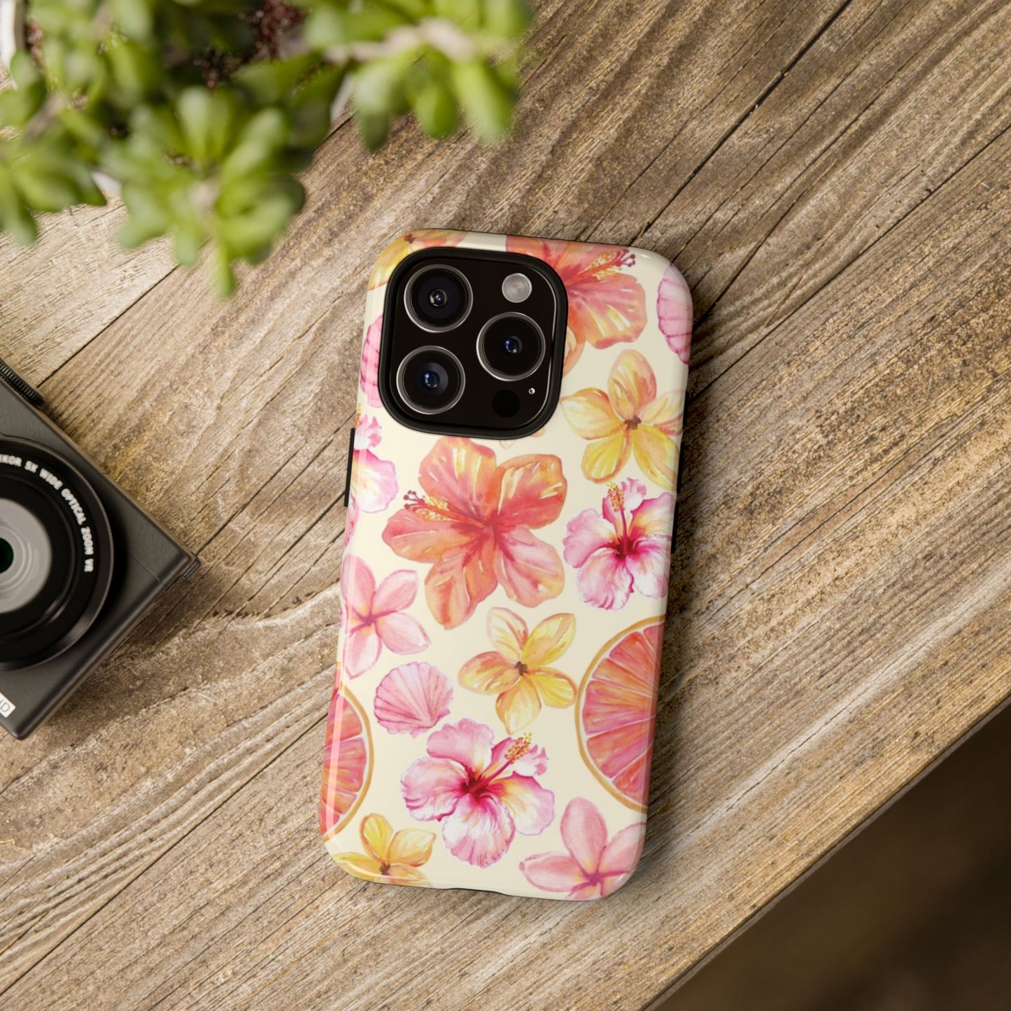 Tropical Hibiscus Tough Phone Case – Watercolor Floral & Citrus Protective Cover