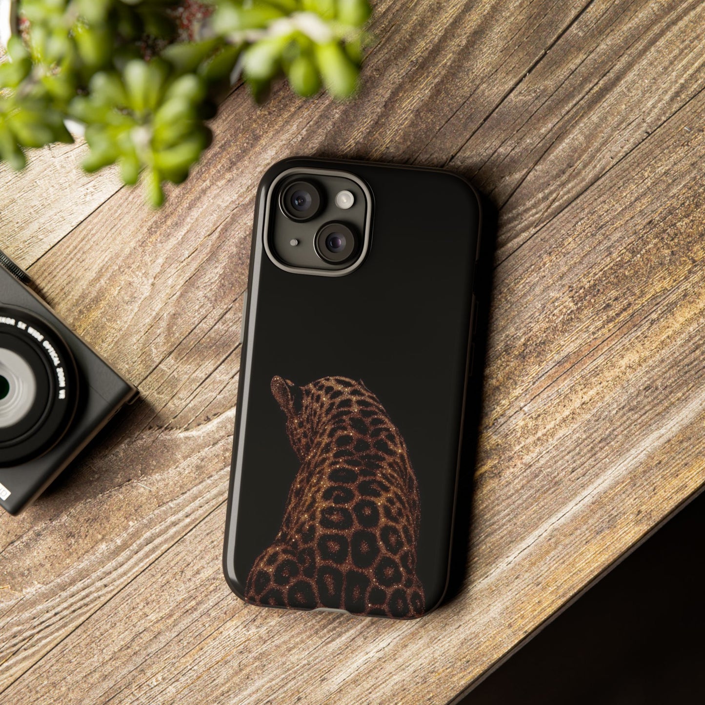 Leopard Print Tough Phone Case - Sleek Black Protective Cover