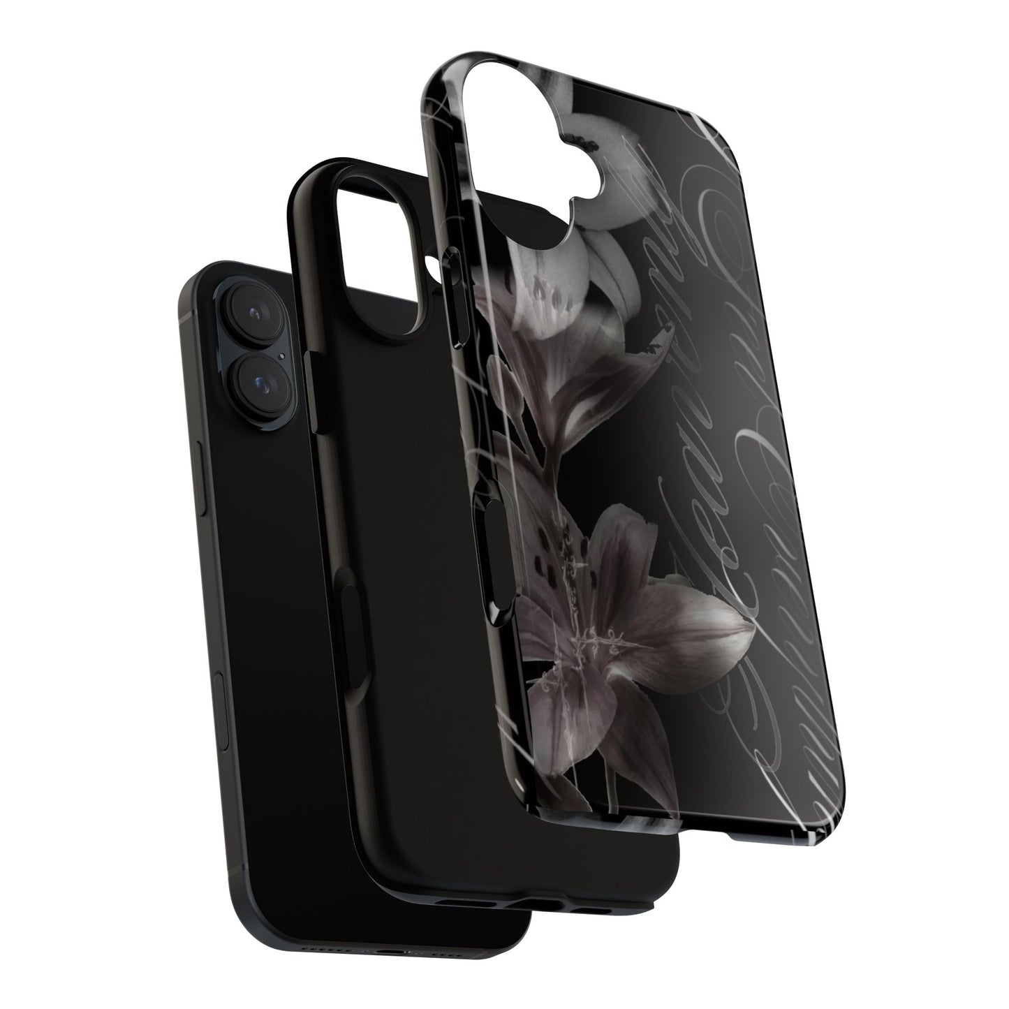 Floral Script Tough Phone Case – Black Lily Protective Cover
