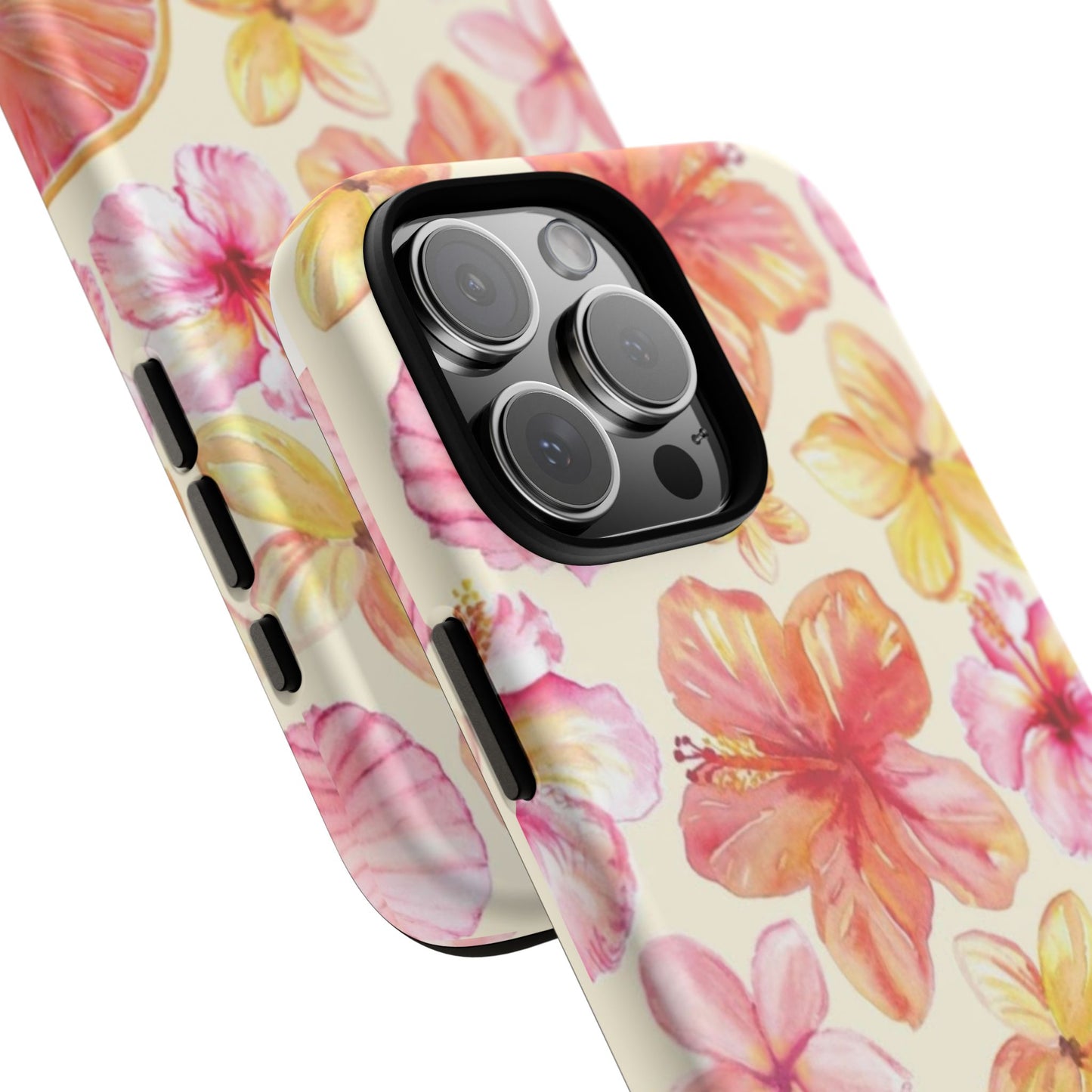 Tropical Hibiscus Tough Phone Case – Watercolor Floral & Citrus Protective Cover
