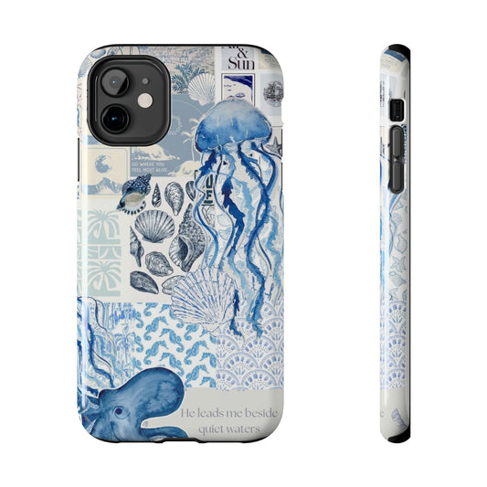 Sea Collage Tough Phone Case — Blue Jellyfish & Shells Coastal Design