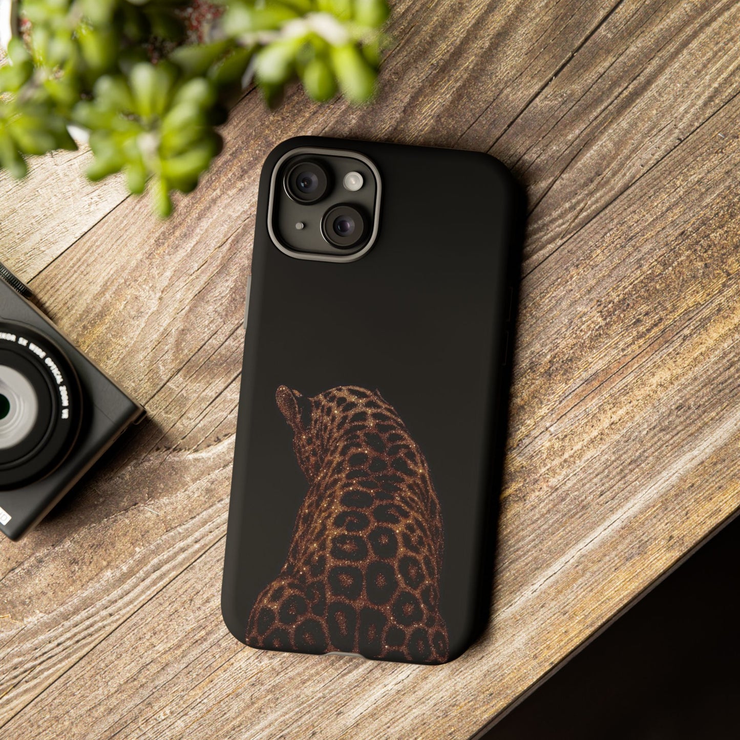 Leopard Print Tough Phone Case - Sleek Black Protective Cover