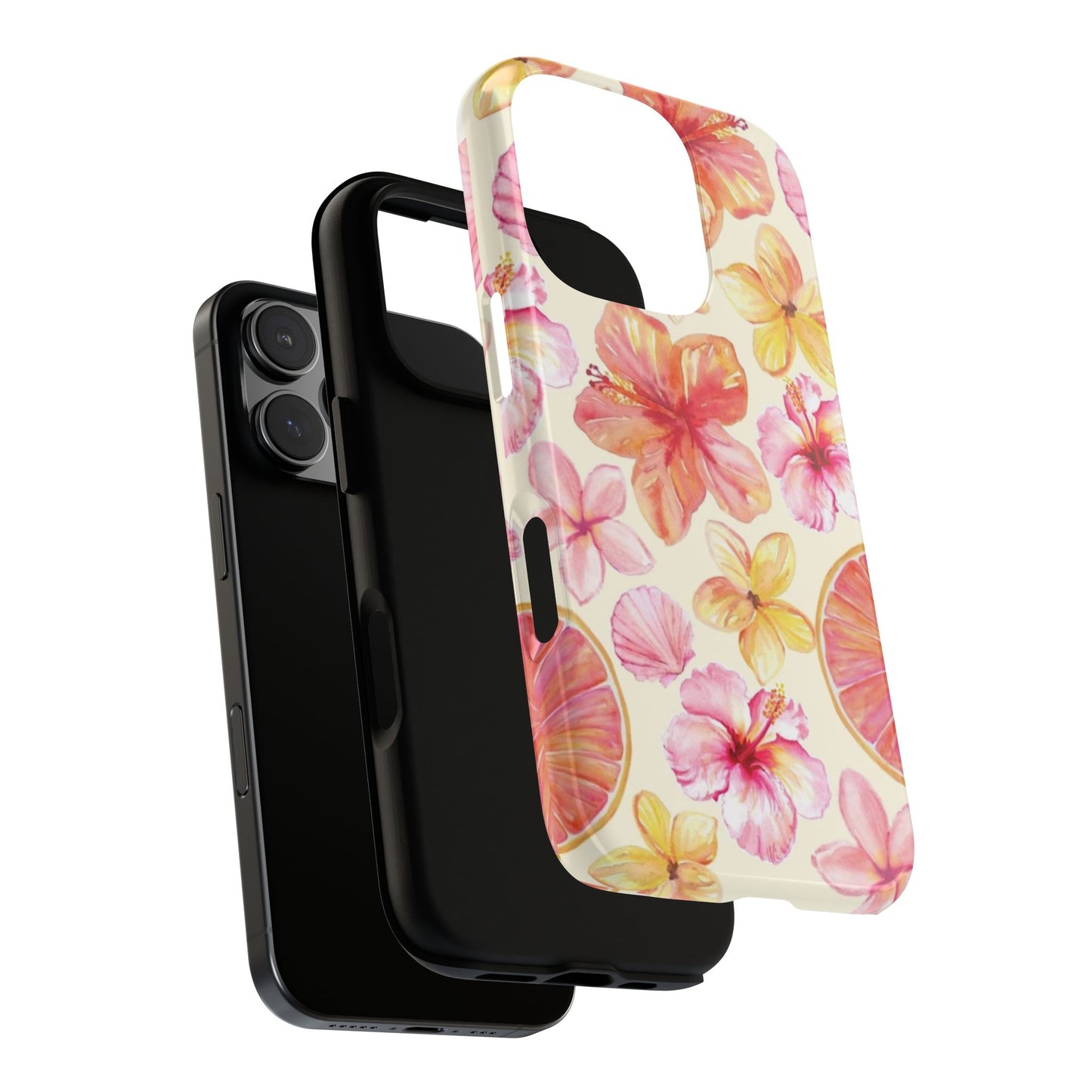 Tropical Hibiscus Tough Phone Case – Watercolor Floral & Citrus Protective Cover