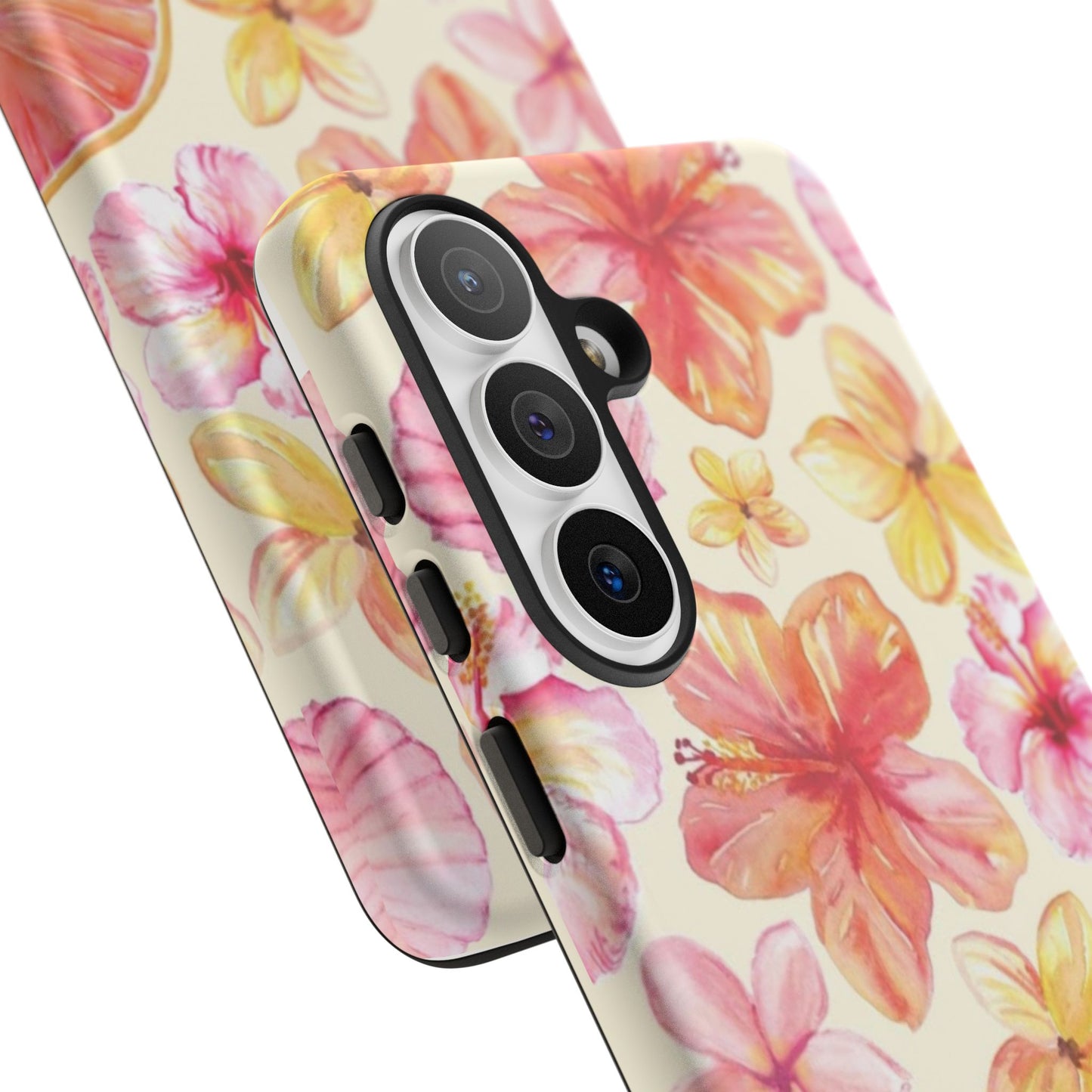 Tropical Hibiscus Tough Phone Case – Watercolor Floral & Citrus Protective Cover