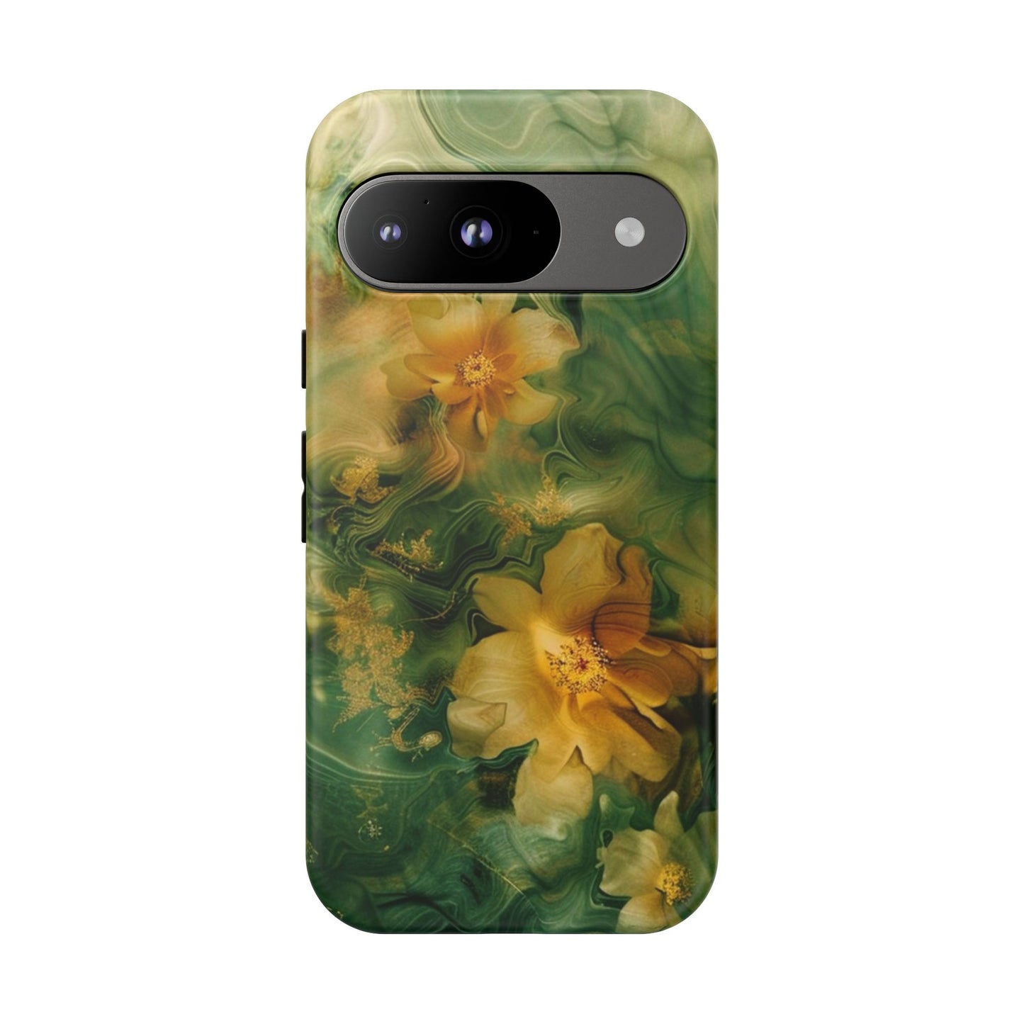 Floral Swirl Phone Case — Green & Gold Vintage Flower Design
