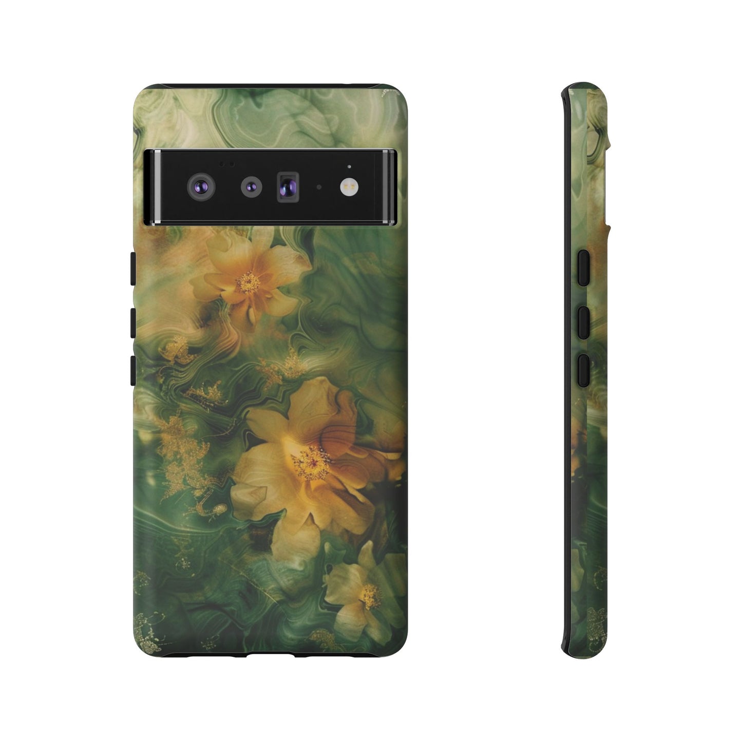 Floral Swirl Phone Case — Green & Gold Vintage Flower Design