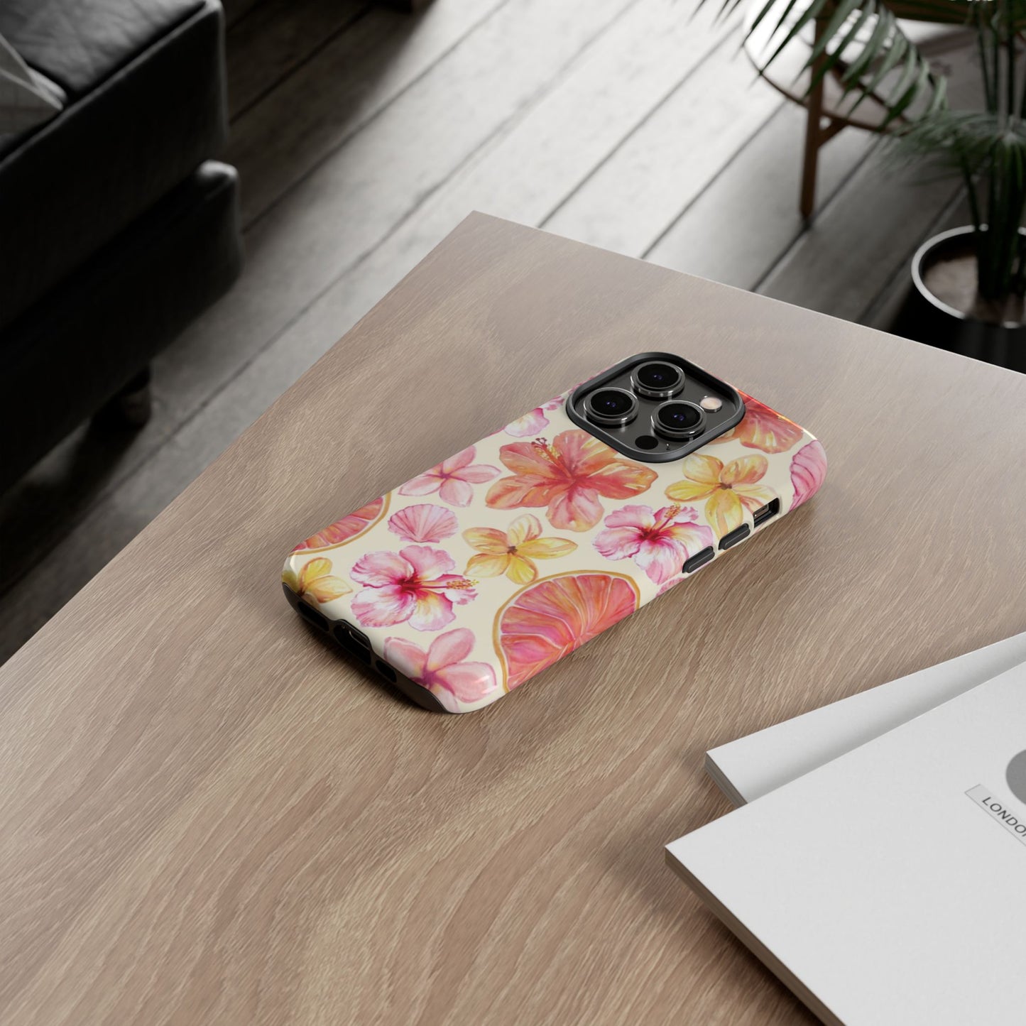 Tropical Hibiscus Tough Phone Case – Watercolor Floral & Citrus Protective Cover