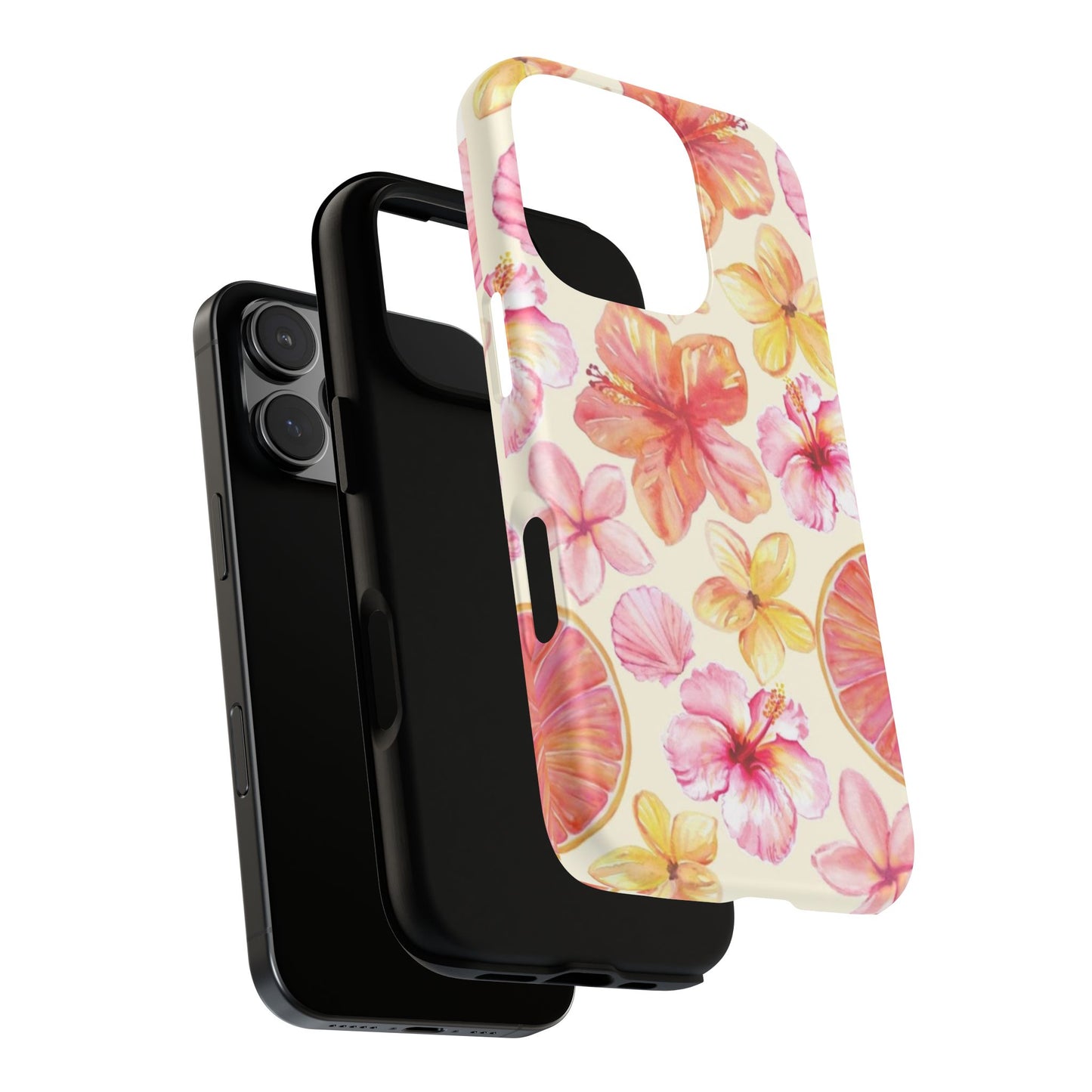 Tropical Hibiscus Tough Phone Case – Watercolor Floral & Citrus Protective Cover