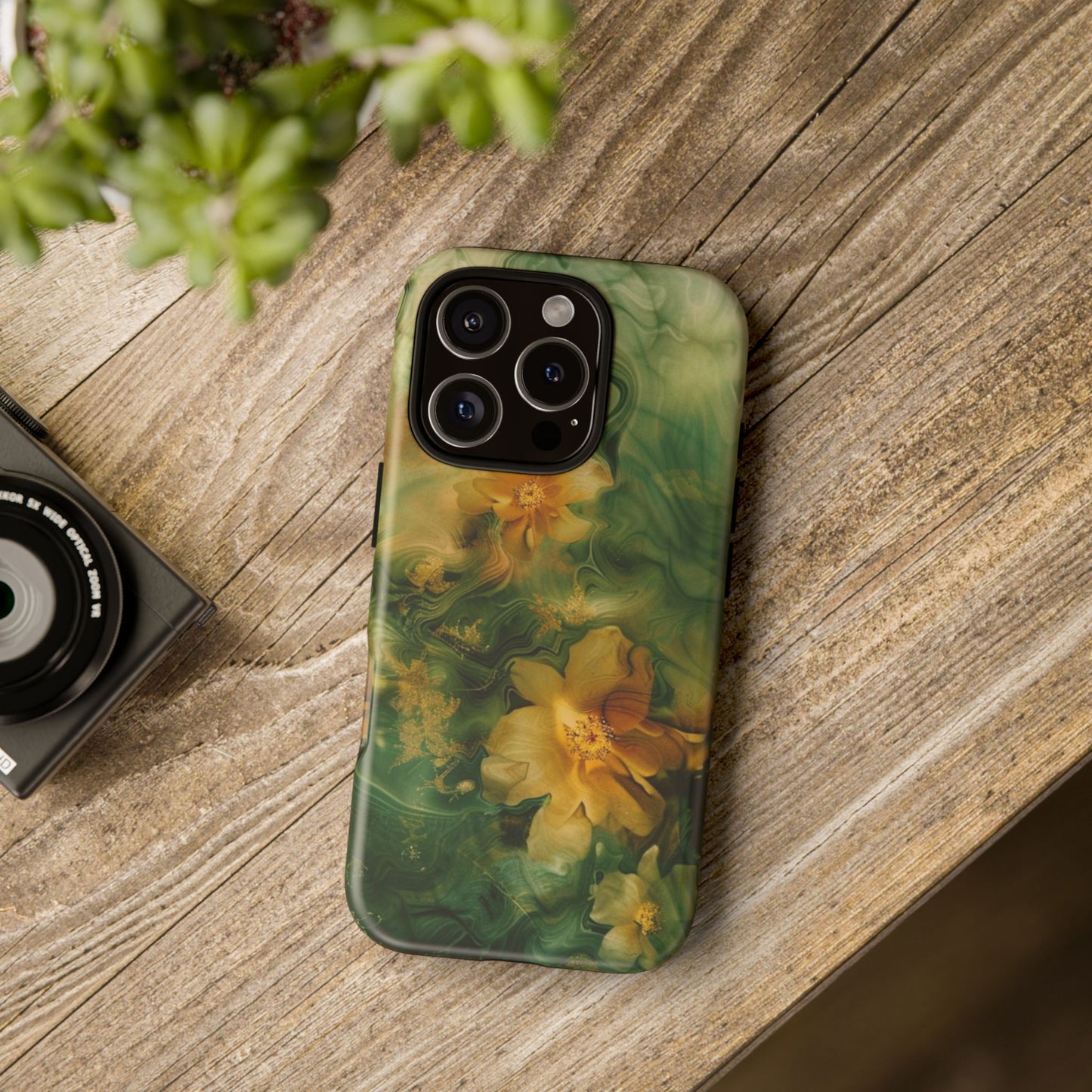 Floral Swirl Phone Case — Green & Gold Vintage Flower Design