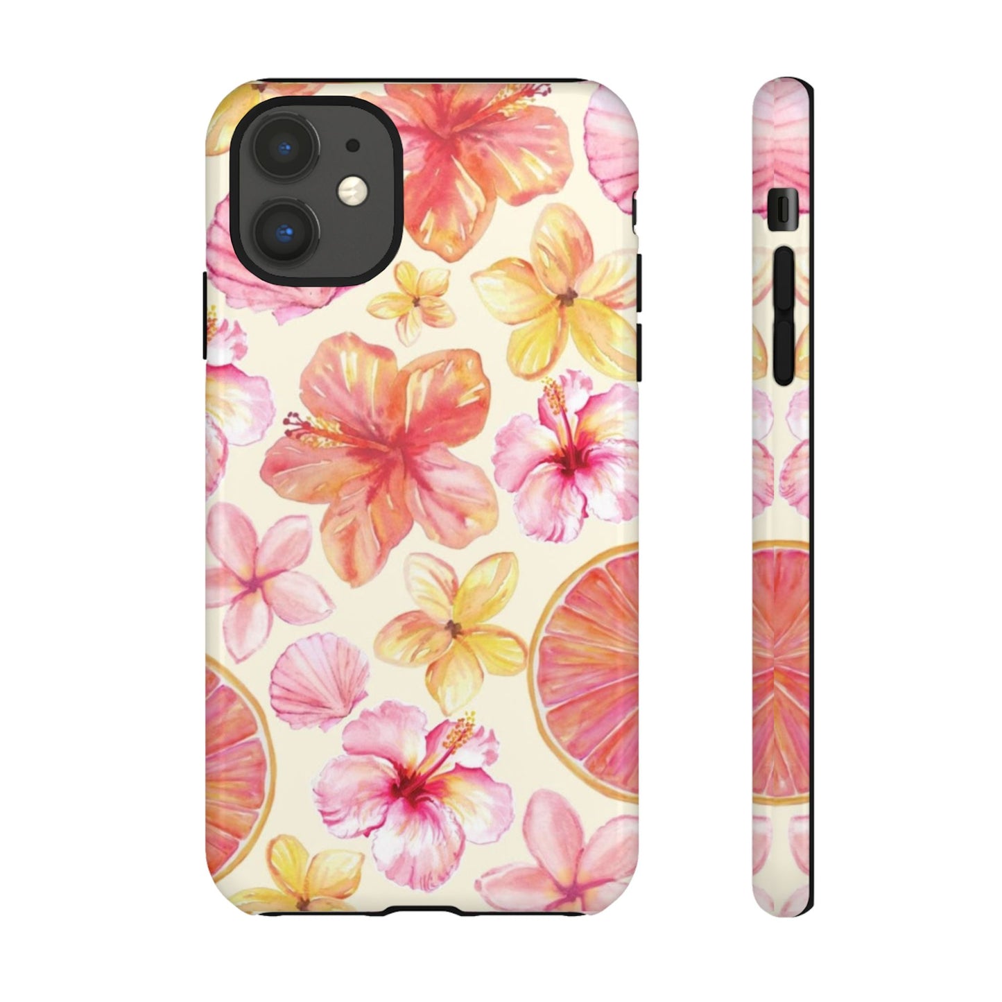 Tropical Hibiscus Tough Phone Case – Watercolor Floral & Citrus Protective Cover