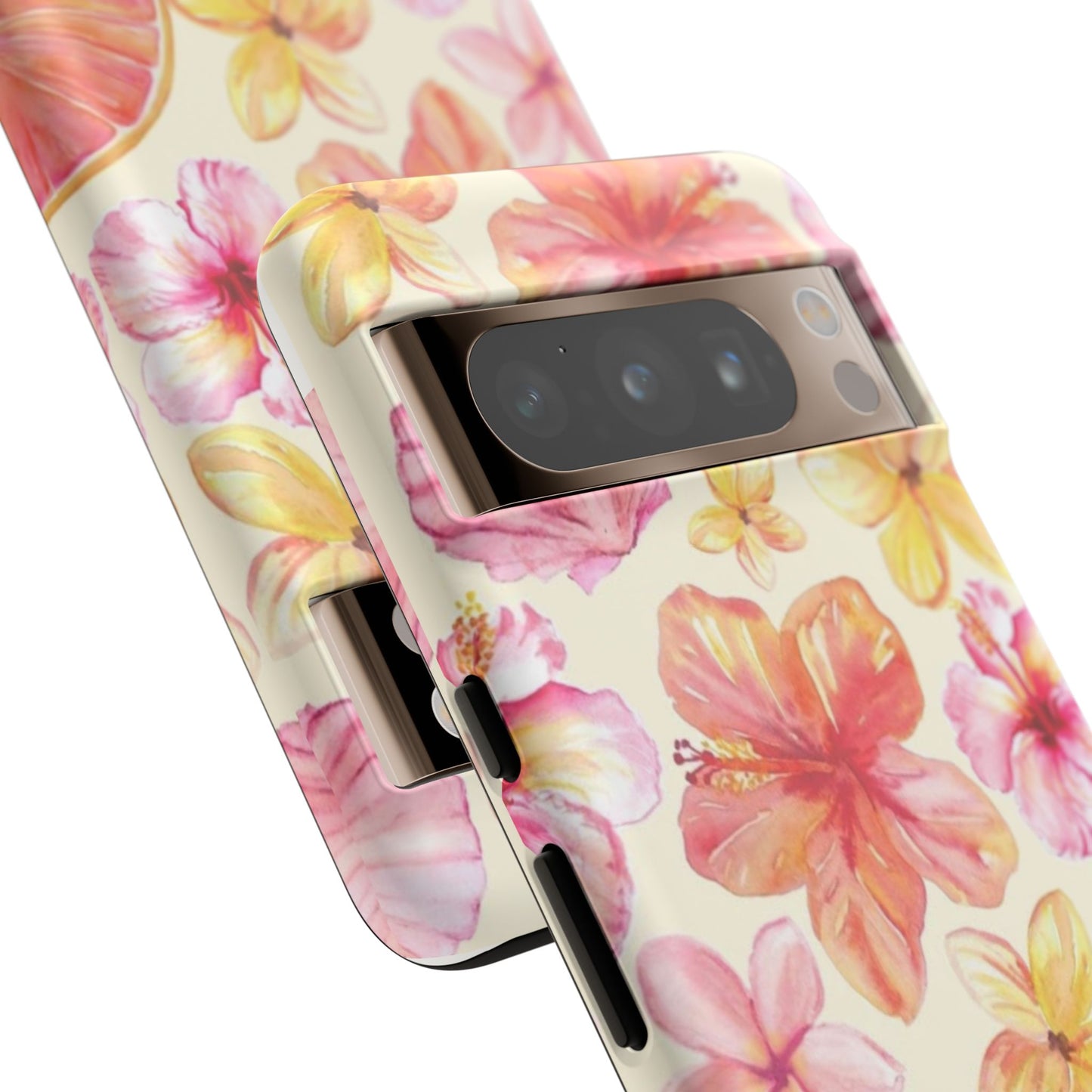 Tropical Hibiscus Tough Phone Case – Watercolor Floral & Citrus Protective Cover