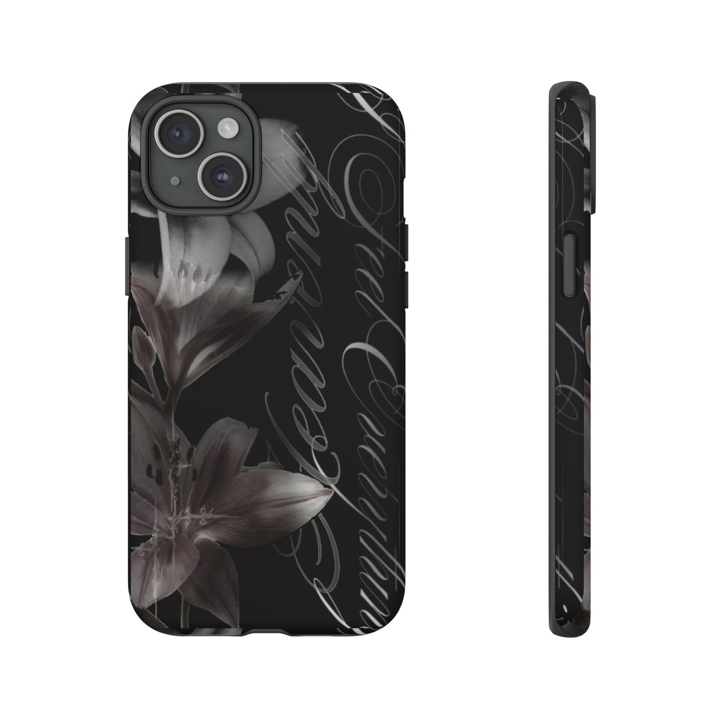 Floral Script Tough Phone Case – Black Lily Protective Cover