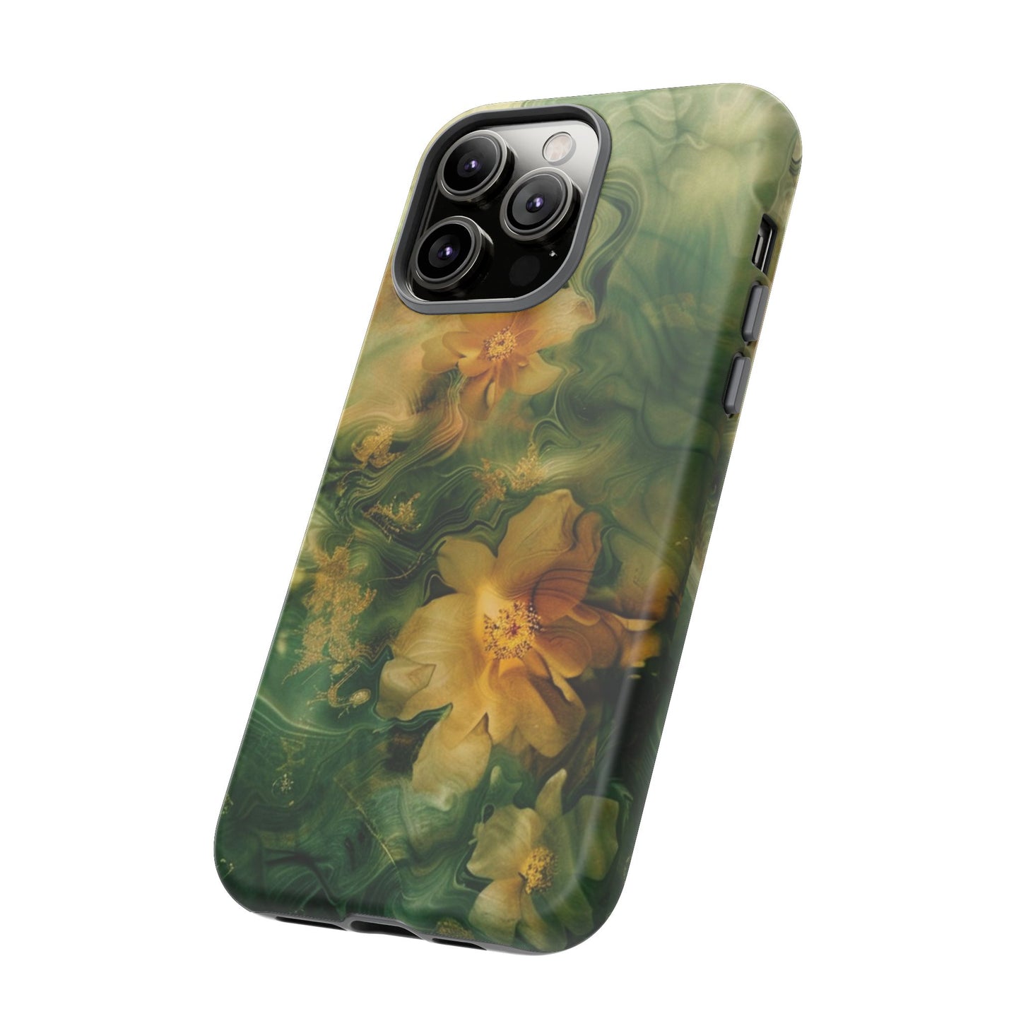 Floral Swirl Phone Case — Green & Gold Vintage Flower Design