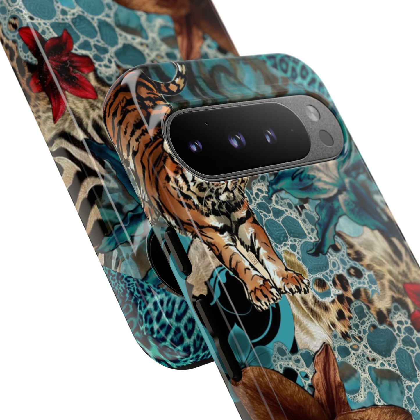 Floral Tiger Phone Case - Teal Safari Protective Cover