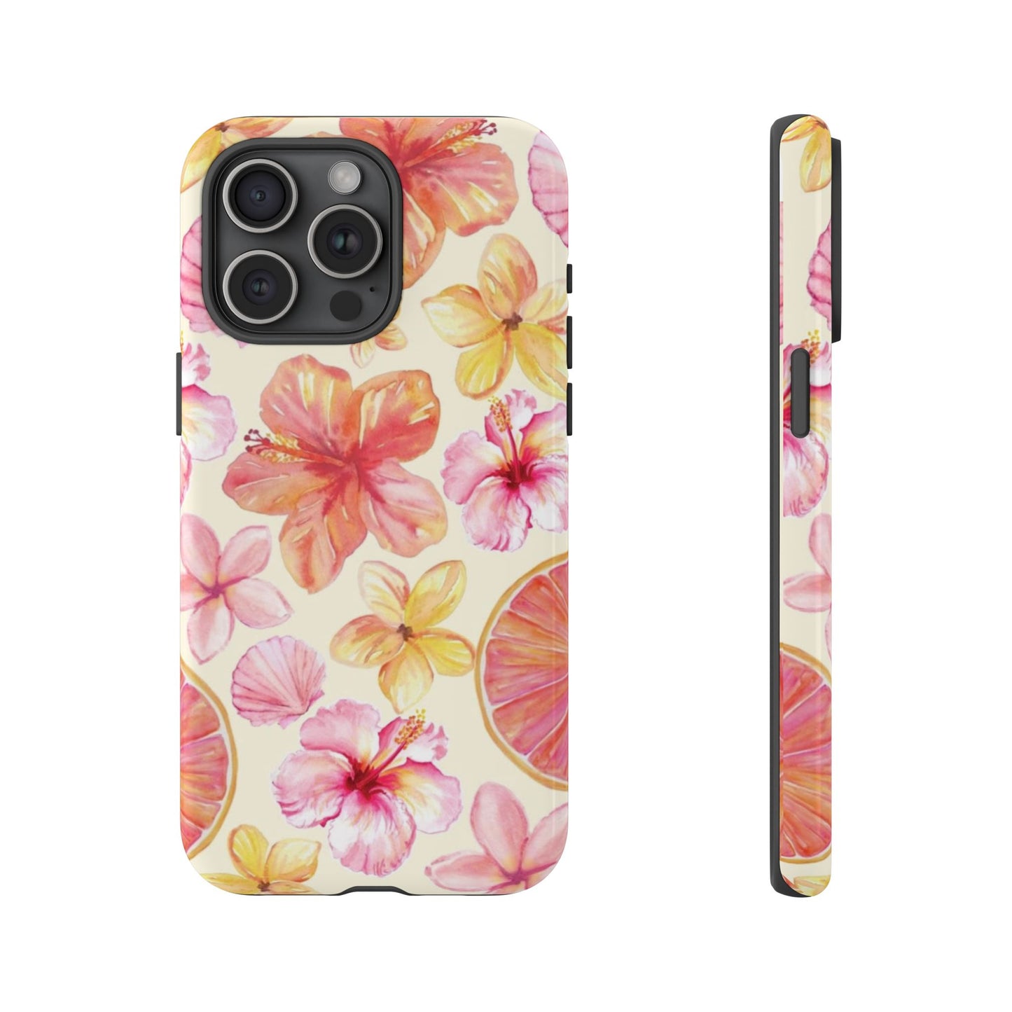 Tropical Hibiscus Tough Phone Case – Watercolor Floral & Citrus Protective Cover