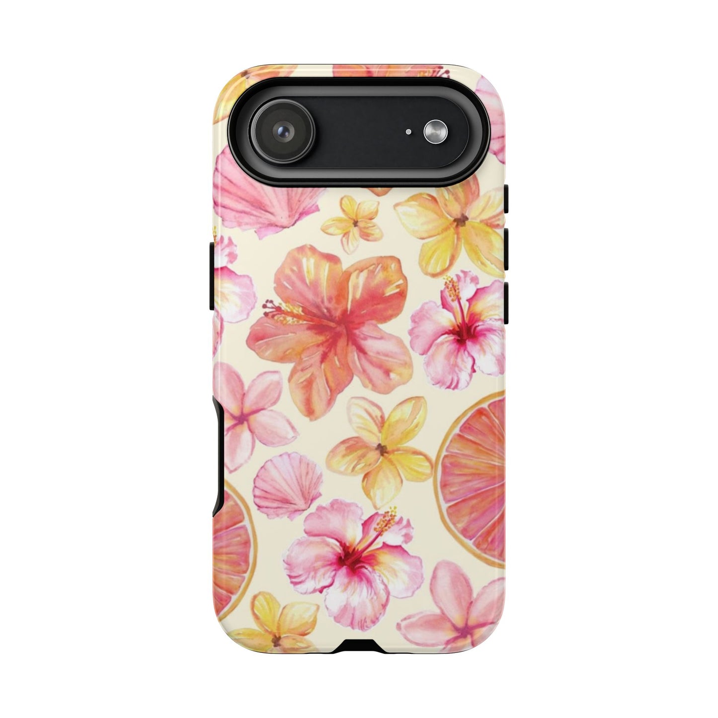 Tropical Hibiscus Tough Phone Case – Watercolor Floral & Citrus Protective Cover