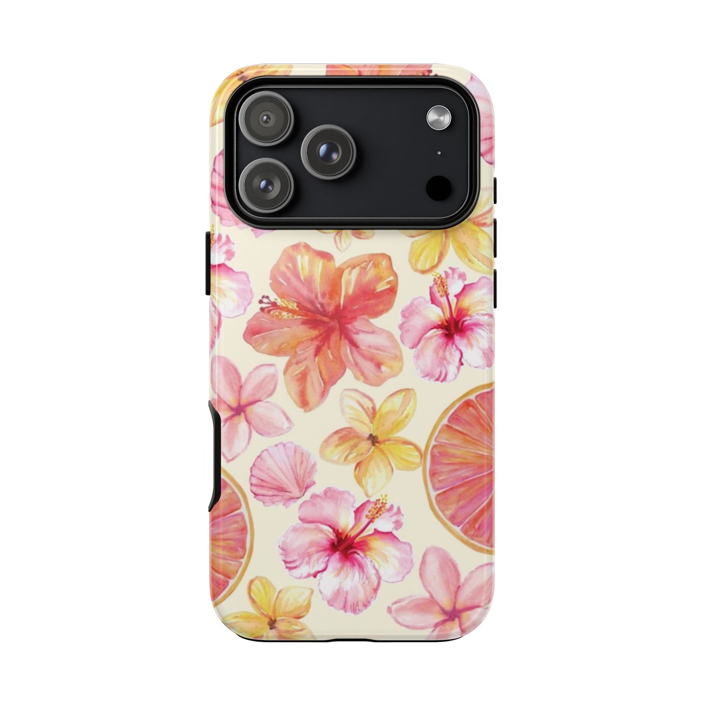 Tropical Hibiscus Tough Phone Case – Watercolor Floral & Citrus Protective Cover