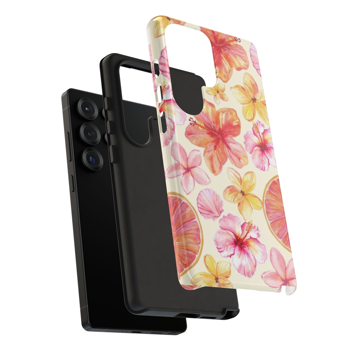 Tropical Hibiscus Tough Phone Case – Watercolor Floral & Citrus Protective Cover