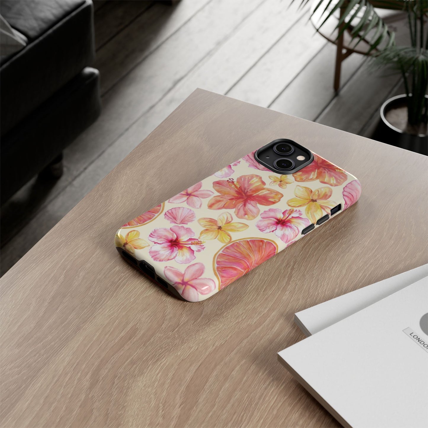 Tropical Hibiscus Tough Phone Case – Watercolor Floral & Citrus Protective Cover