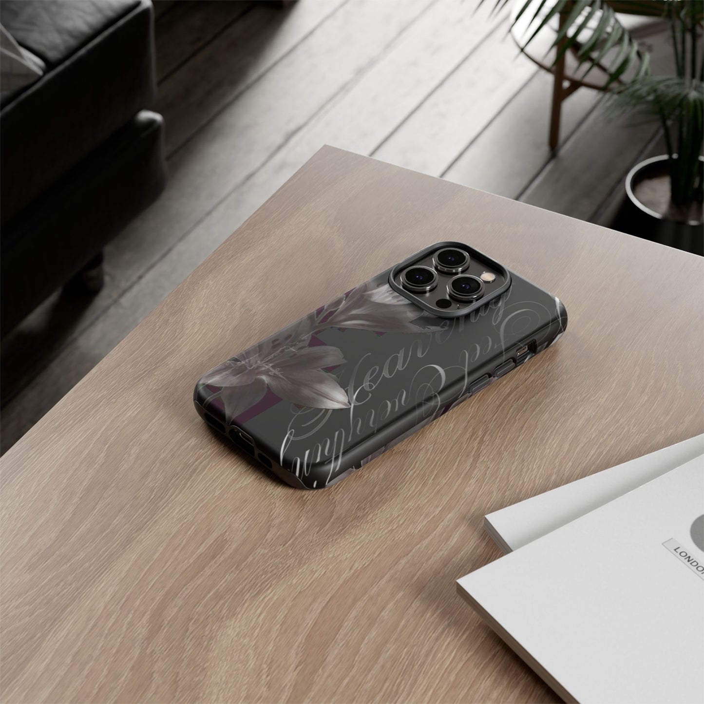 Floral Script Tough Phone Case – Black Lily Protective Cover