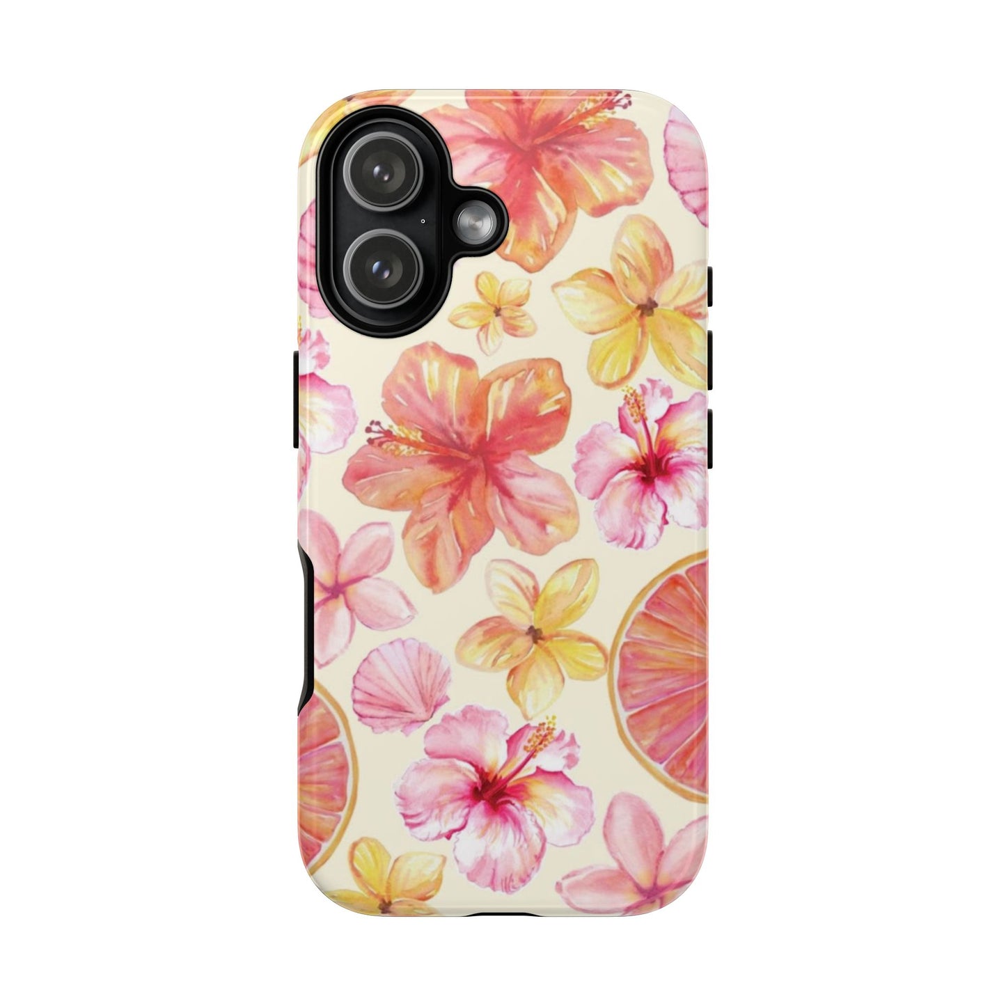 Tropical Hibiscus Tough Phone Case – Watercolor Floral & Citrus Protective Cover