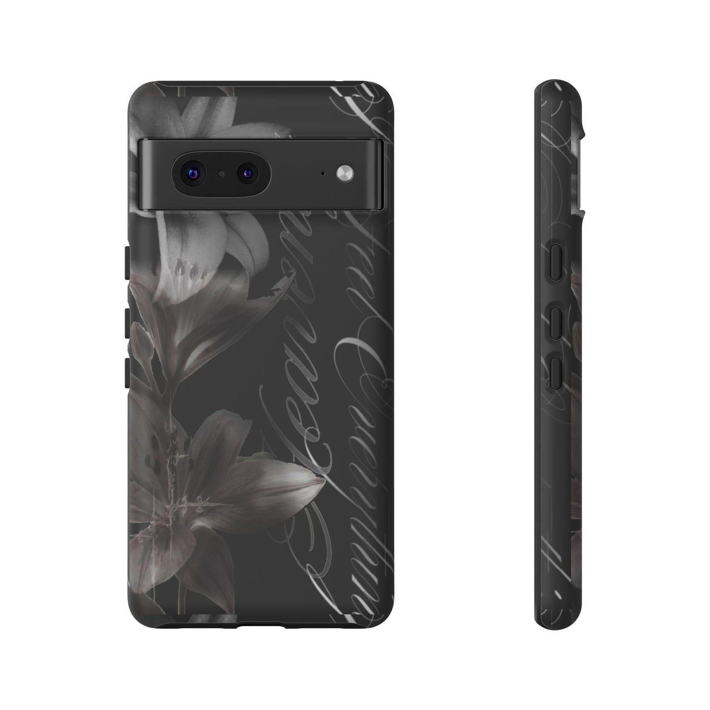 Floral Script Tough Phone Case – Black Lily Protective Cover