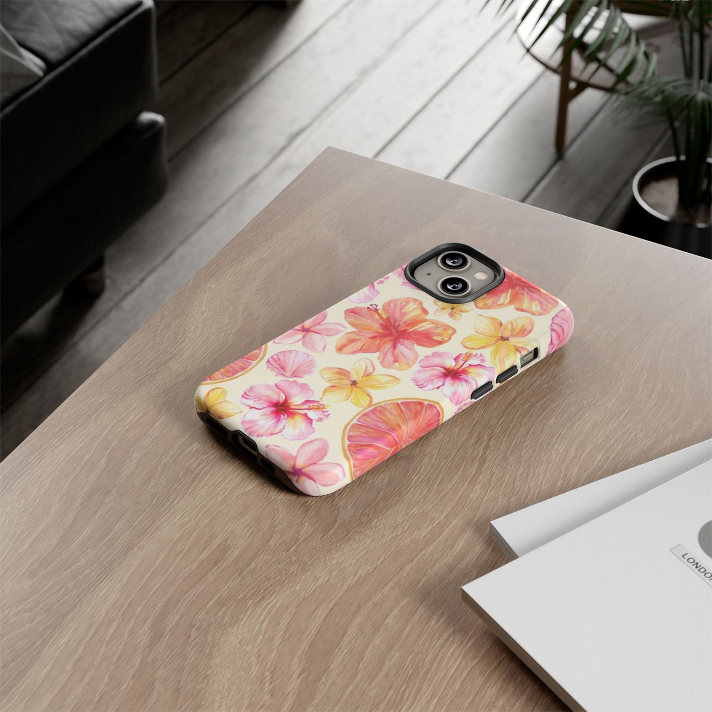 Tropical Hibiscus Tough Phone Case – Watercolor Floral & Citrus Protective Cover