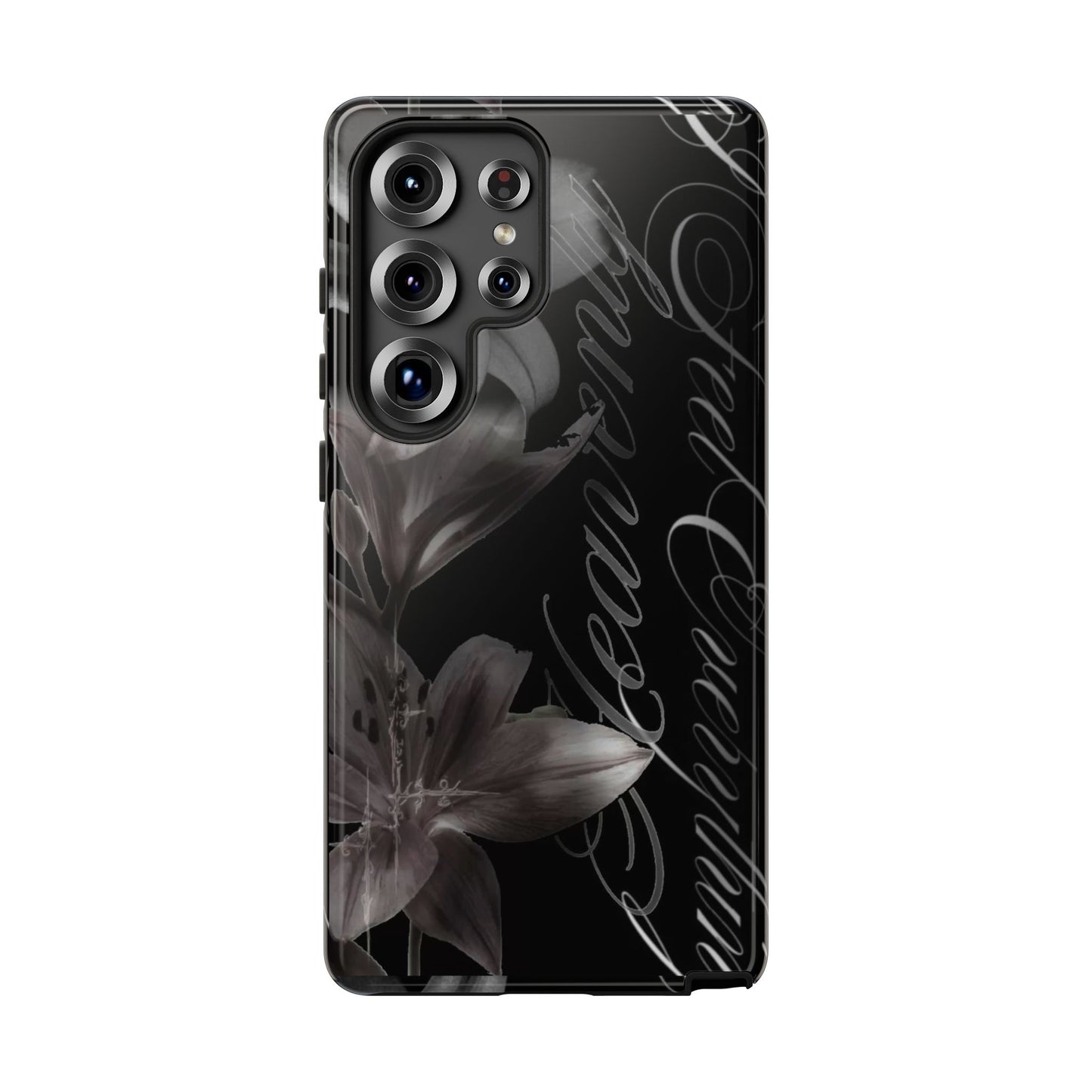 Floral Script Tough Phone Case – Black Lily Protective Cover