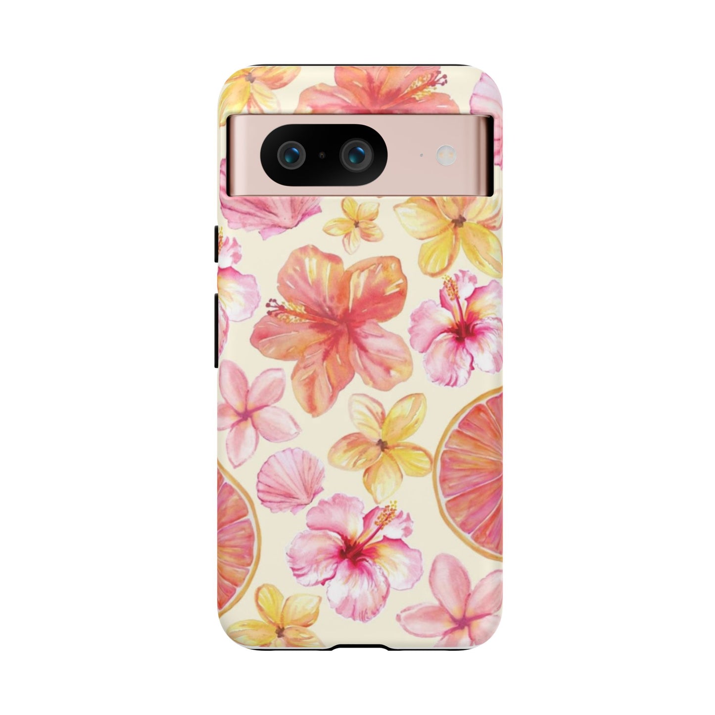 Tropical Hibiscus Tough Phone Case – Watercolor Floral & Citrus Protective Cover