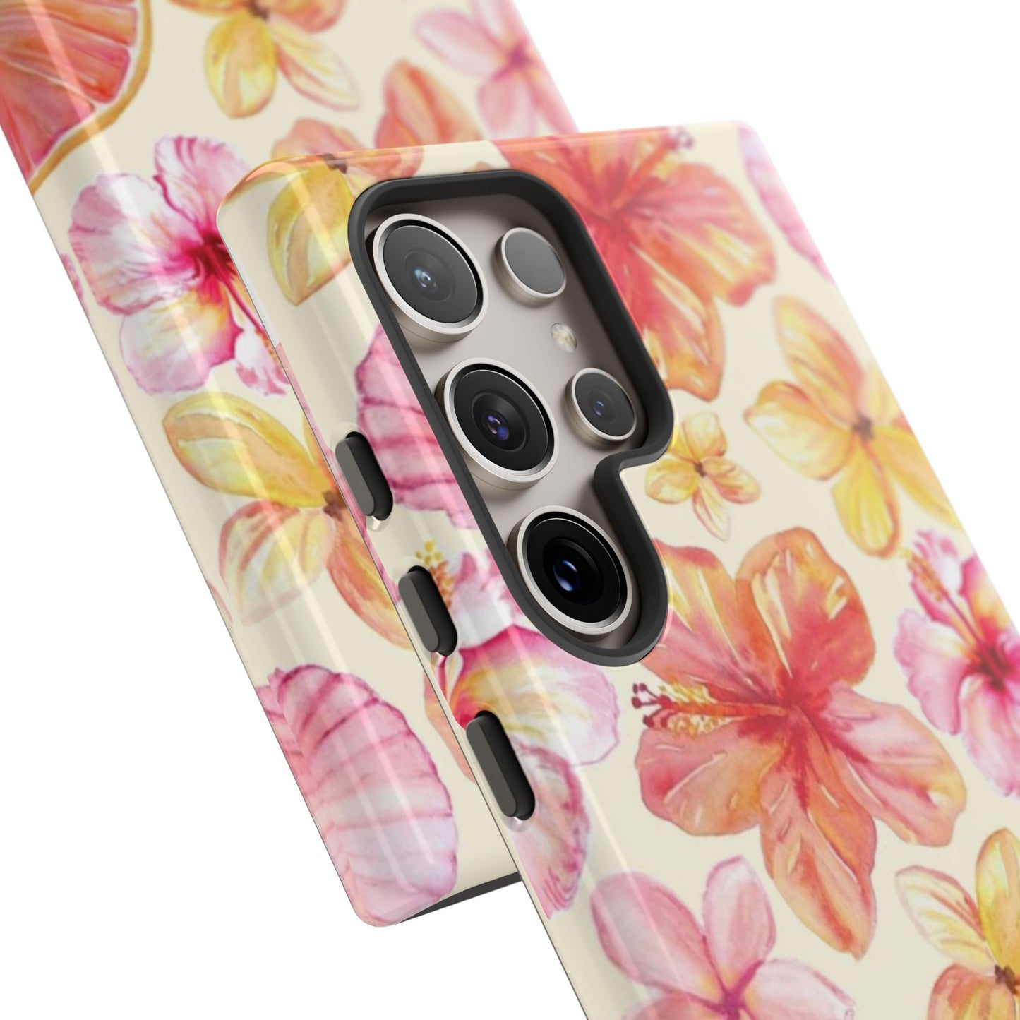 Tropical Hibiscus Tough Phone Case – Watercolor Floral & Citrus Protective Cover