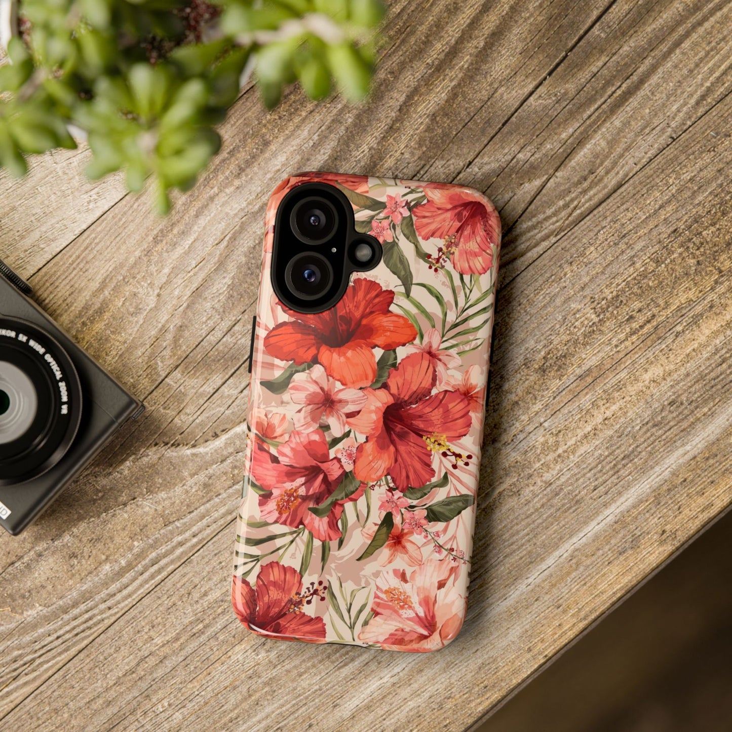 Floral Hibiscus Tough Phone Case — Tropical Red Blossom Protective Cover