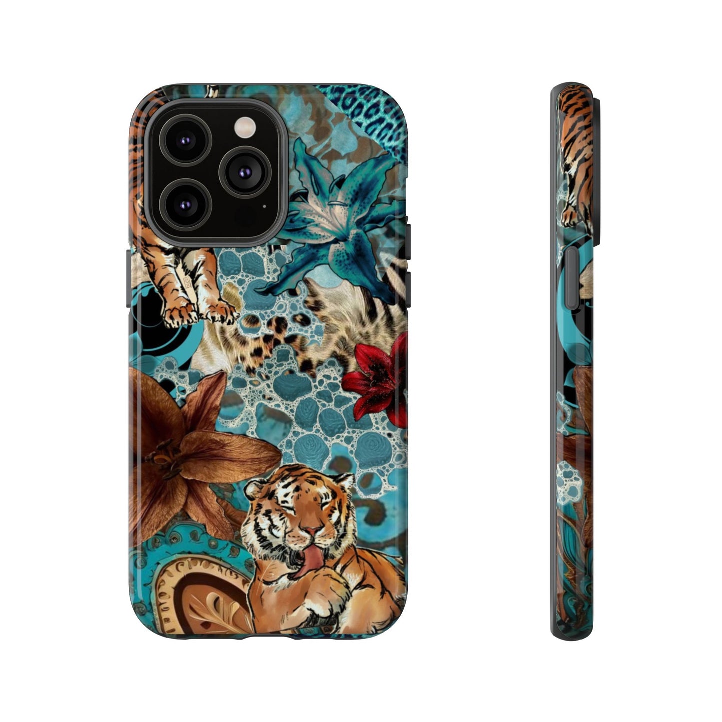 Floral Tiger Phone Case - Teal Safari Protective Cover