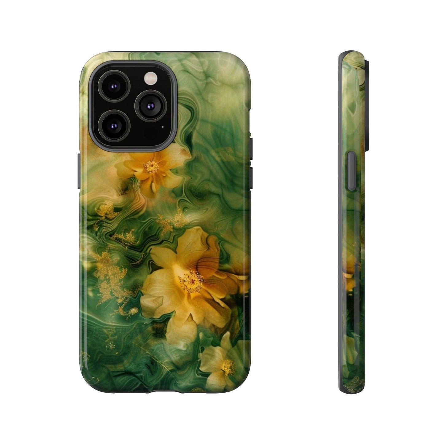 Floral Swirl Phone Case — Green & Gold Vintage Flower Design