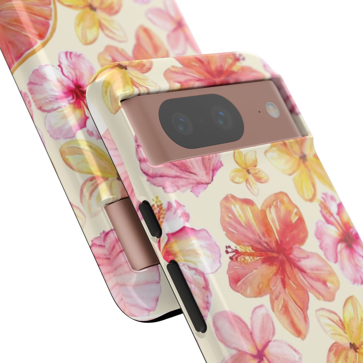 Tropical Hibiscus Tough Phone Case – Watercolor Floral & Citrus Protective Cover