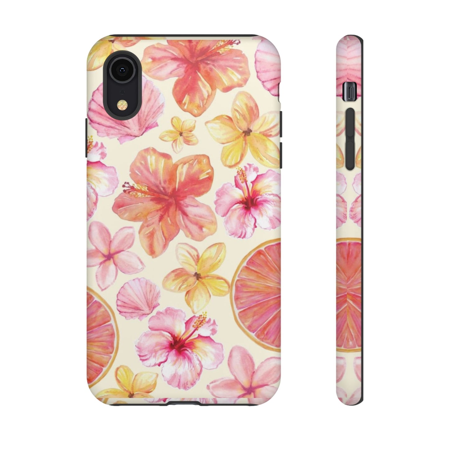 Tropical Hibiscus Tough Phone Case – Watercolor Floral & Citrus Protective Cover