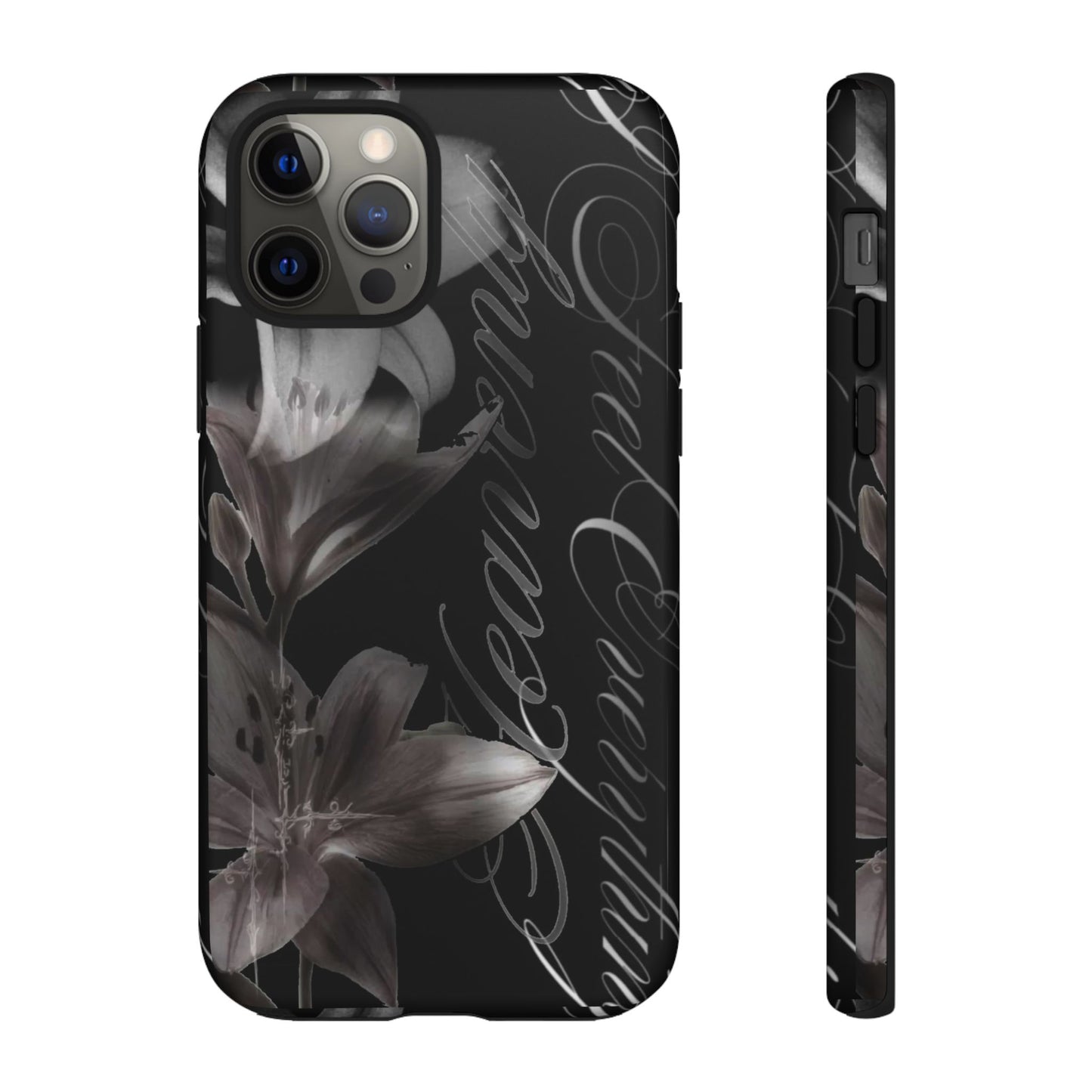 Floral Script Tough Phone Case – Black Lily Protective Cover