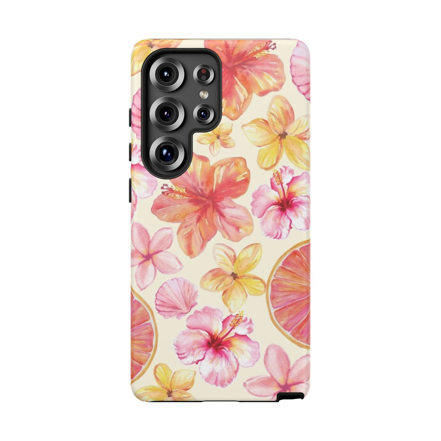 Tropical Hibiscus Tough Phone Case – Watercolor Floral & Citrus Protective Cover