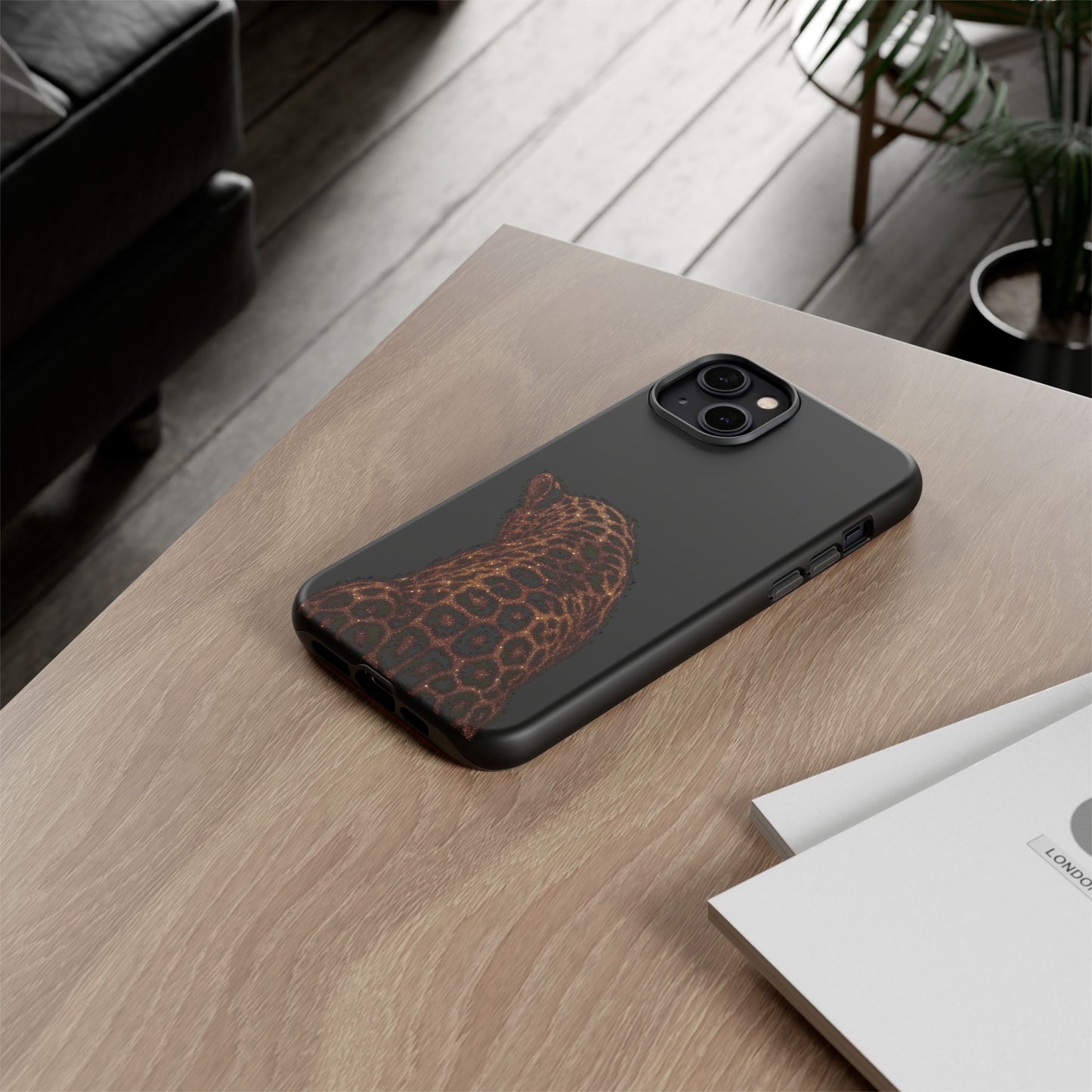Leopard Print Tough Phone Case - Sleek Black Protective Cover