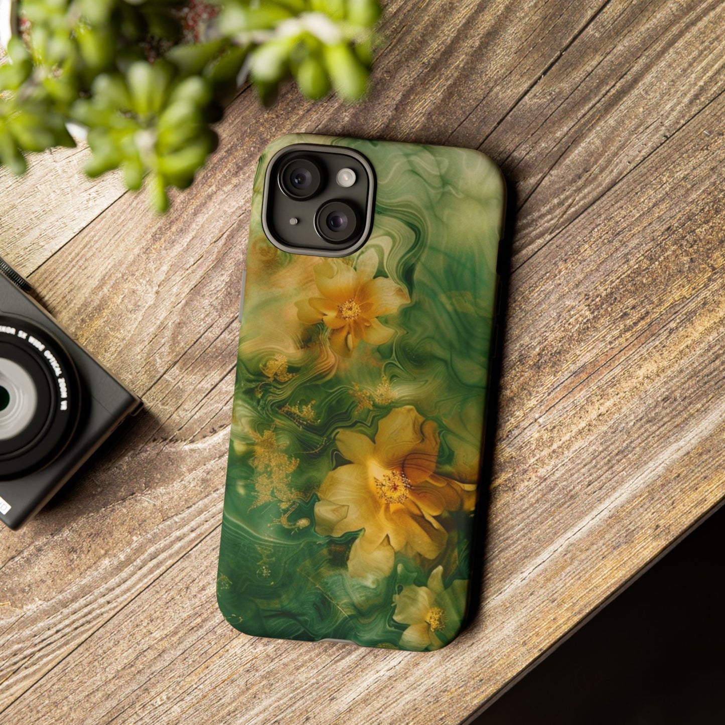 Floral Swirl Phone Case — Green & Gold Vintage Flower Design
