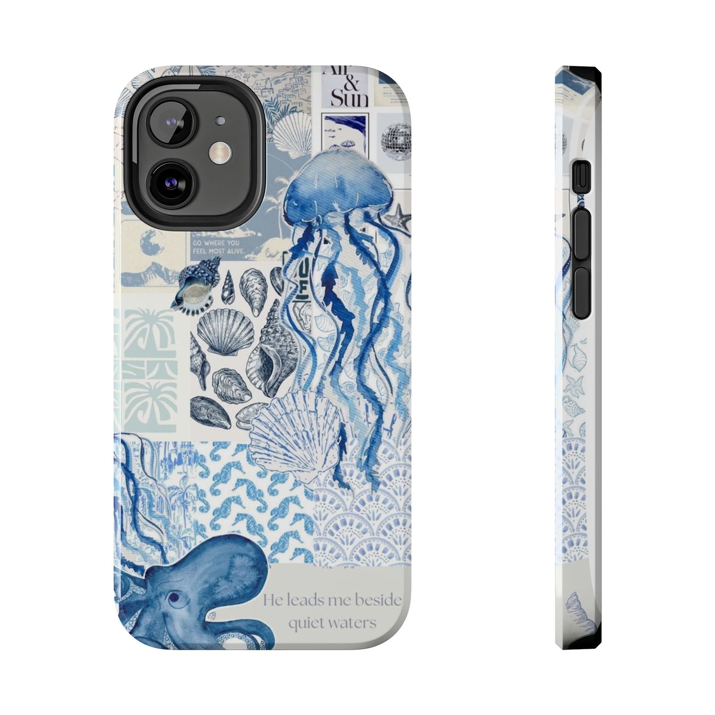 Sea Collage Tough Phone Case — Blue Jellyfish & Shells Coastal Design