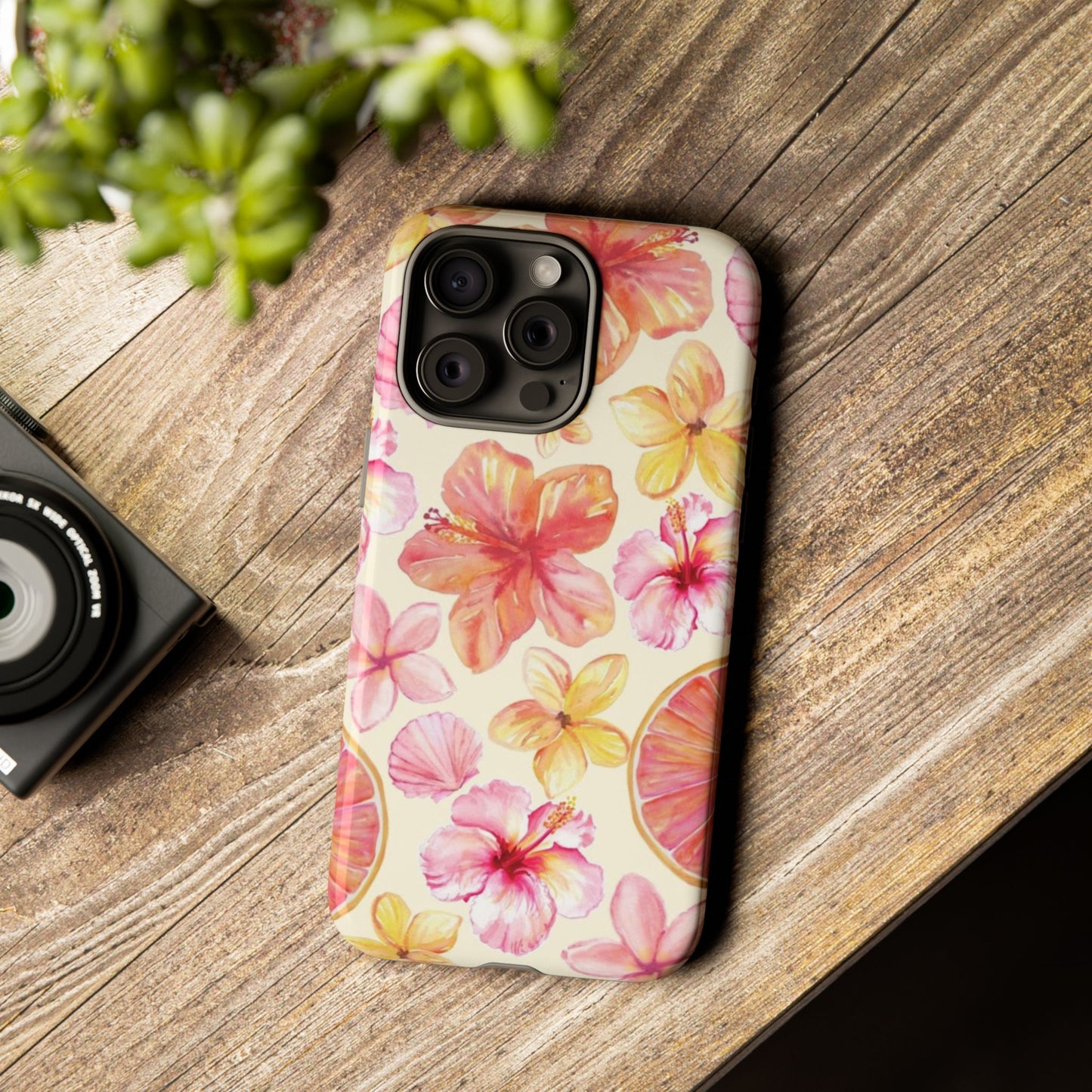 Tropical Hibiscus Tough Phone Case – Watercolor Floral & Citrus Protective Cover